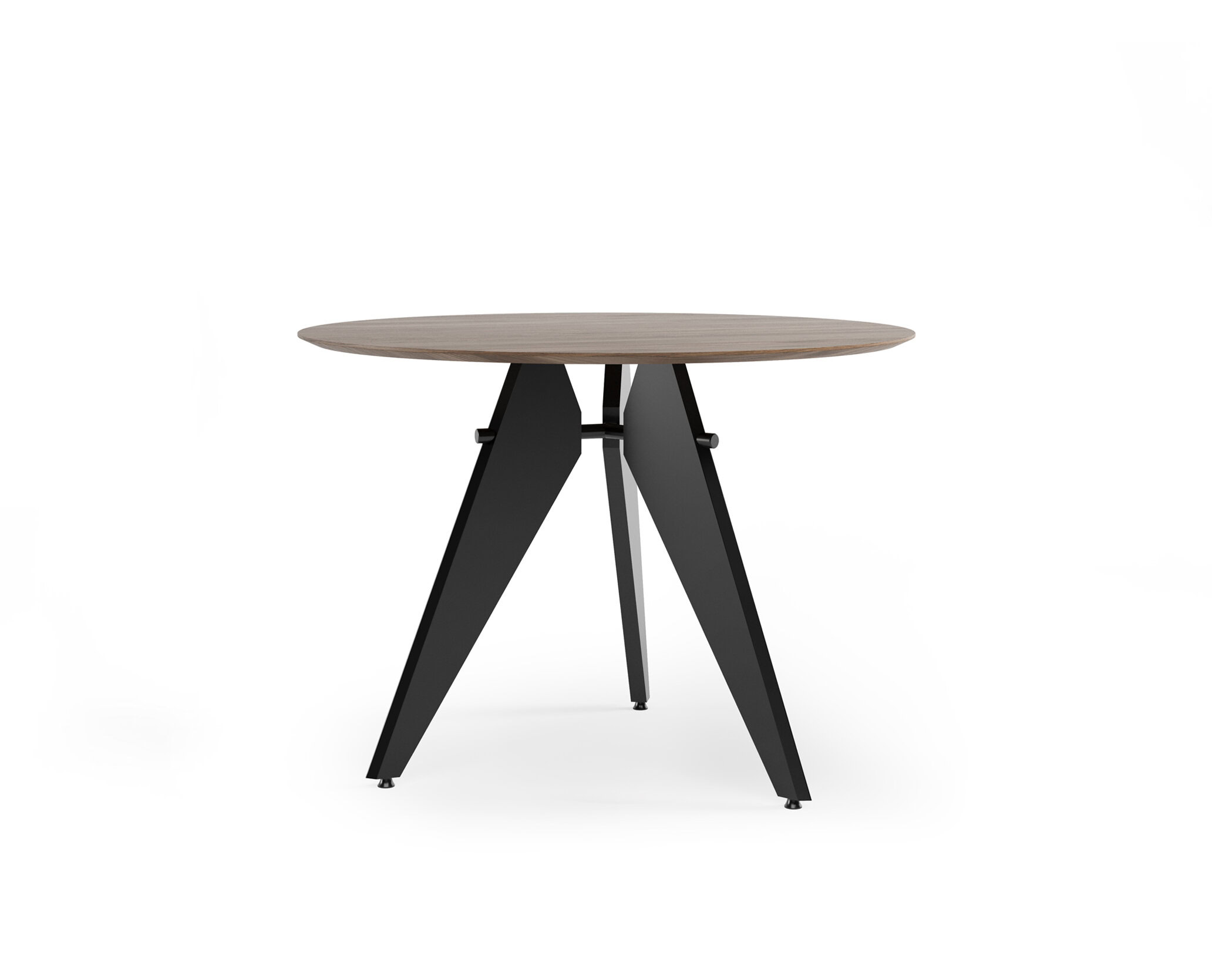 Masă rotundă modernă, cu blat din lemn și bază trepied din metal negru, perfectă pentru bucătăriile sau sufragerii contemporane.