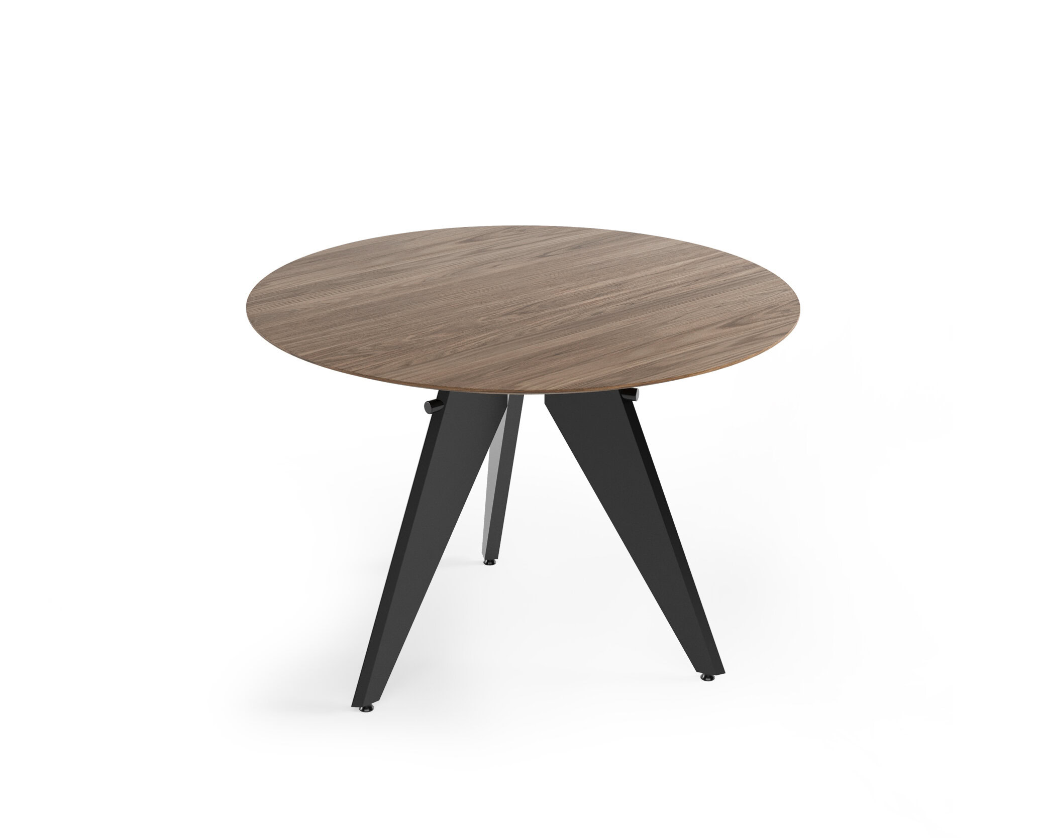 Masă rotundă din lemn cu picioare trepied negre, design minimalist modern, perfectă pentru decorul contemporan al casei, realizată din lemn și oțel de înaltă calitate, elegantă și funcțională.