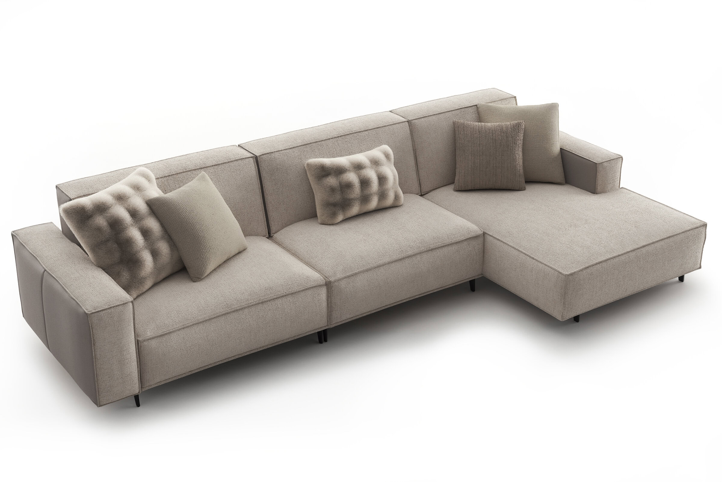 Canapea modulară elegantă, bej, cu perne pufoase, ideală pentru livinguri contemporane, oferind confort și stil. Perfectă pentru reuniuni de familie și relaxare acasă.