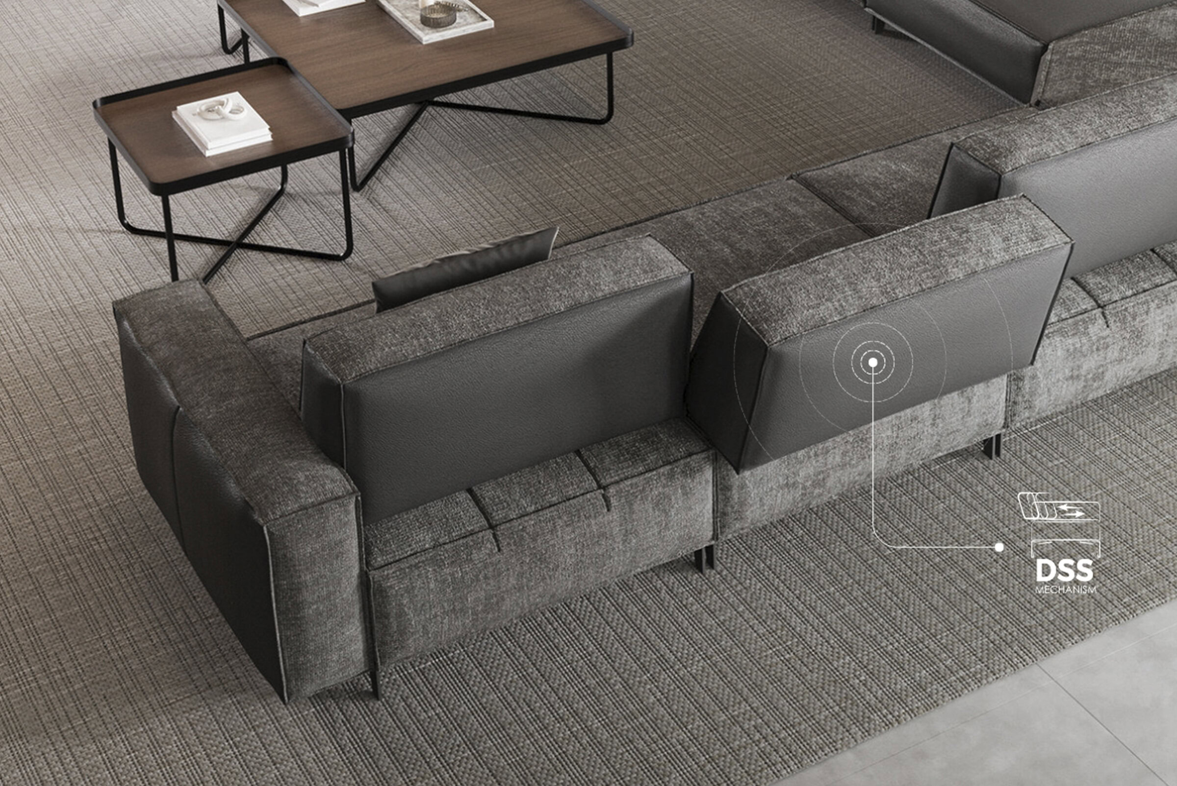 Canapea contemporană tapițată în gri și negru, cu design modular, perfectă pentru livinguri moderne, cu materiale durabile și mecanism DSS personalizabil pentru confort și stil sporit.