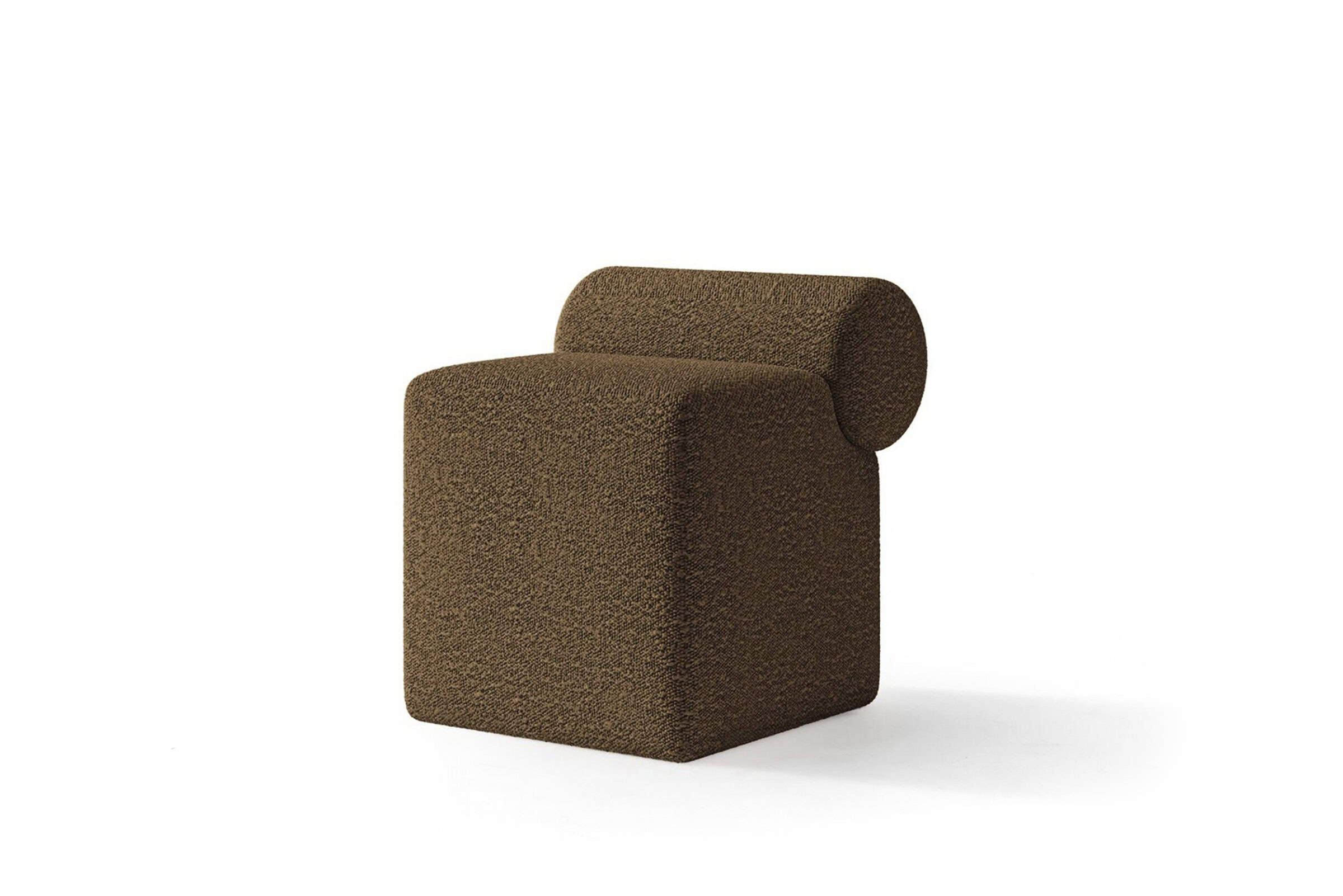 Contemporary brown textured upholstered accent chair with a rounded backrest and minimalist design, perfect for modern living spaces and stylish interior decoration.