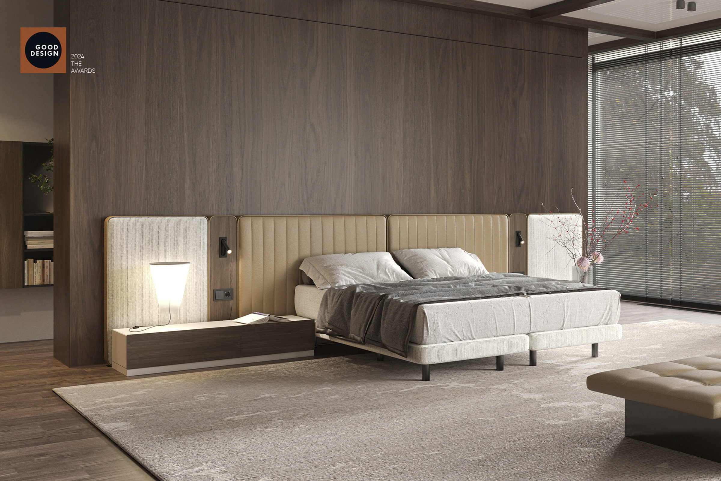 Contemporary bedroom with a minimalist design, featuring a beige upholstered bed with a high headboard, modern nightstands with lighting, and large windows with blinds allowing natural light.