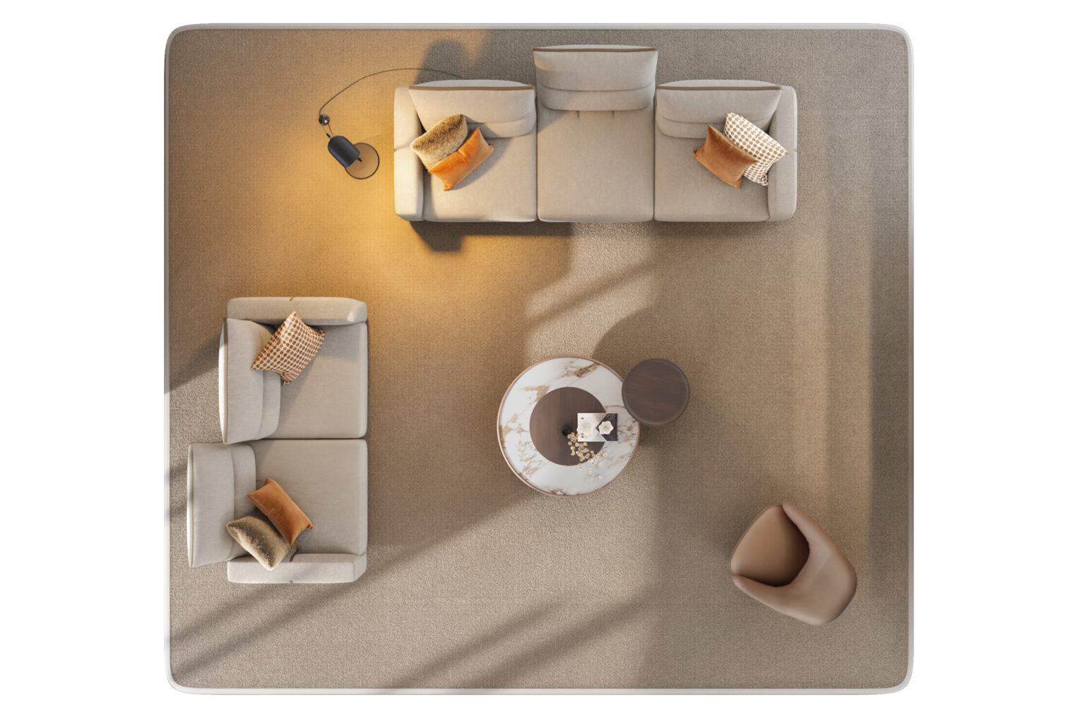 Canapea modulară elegantă din bej, cu perne decorative, măsuțe de cafea rotunde din marmură și fotoliu confortabil, într-un living contemporan.