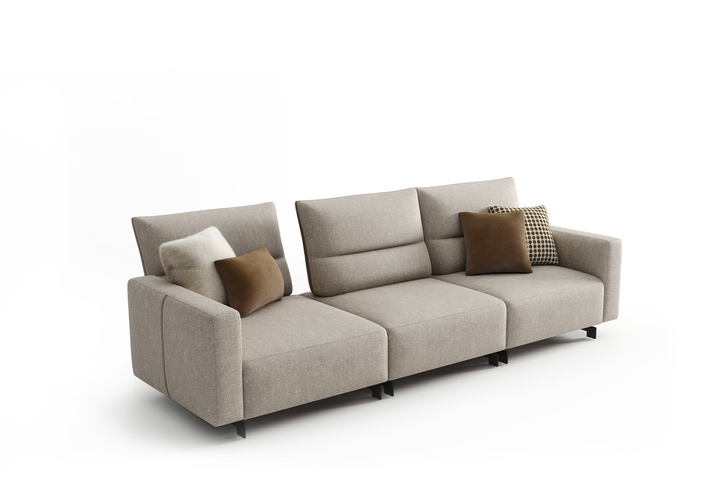 Canapea elegantă din material textil bej, cu perne pufoase, ideală pentru livinguri contemporane, oferind confort și stil. Perfectă pentru decorul modern al casei și relaxare.