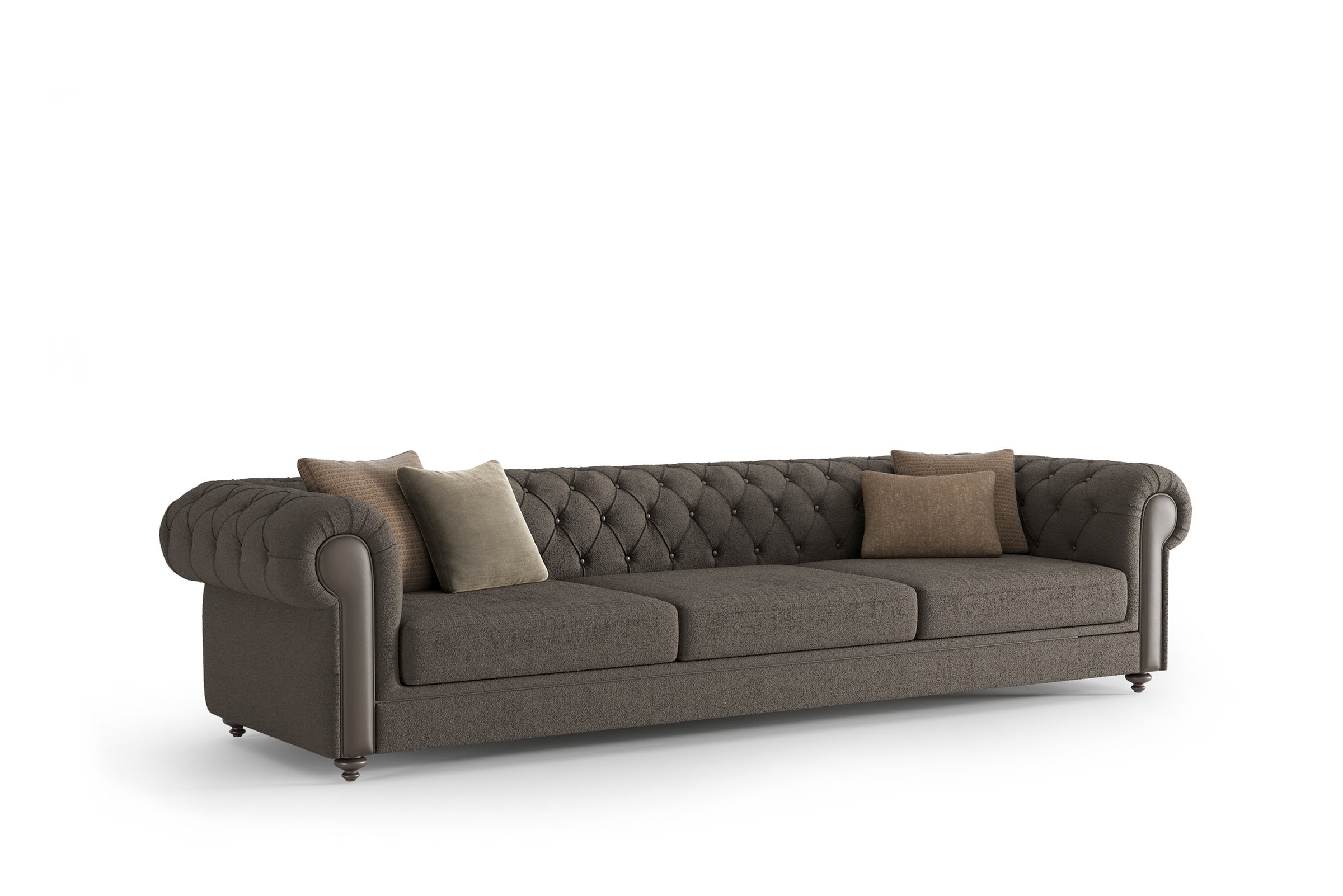 Canapea Chesterfield luxoasă, tapițată maro, cu capitonaj adânc, brațe rotunjite și picioare elegante din lemn, ideală pentru decorul clasic și modern al camerei de zi.