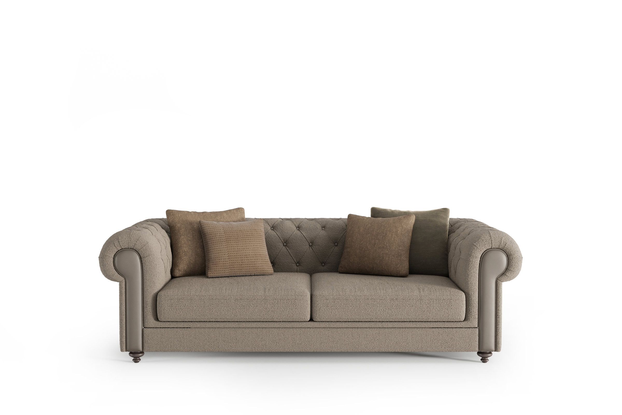 Canapea Chesterfield luxoasă, bej, cu brațe rotunjite, spătar capitonat și picioare din lemn, perfectă pentru un decor elegant și confortabil în living.