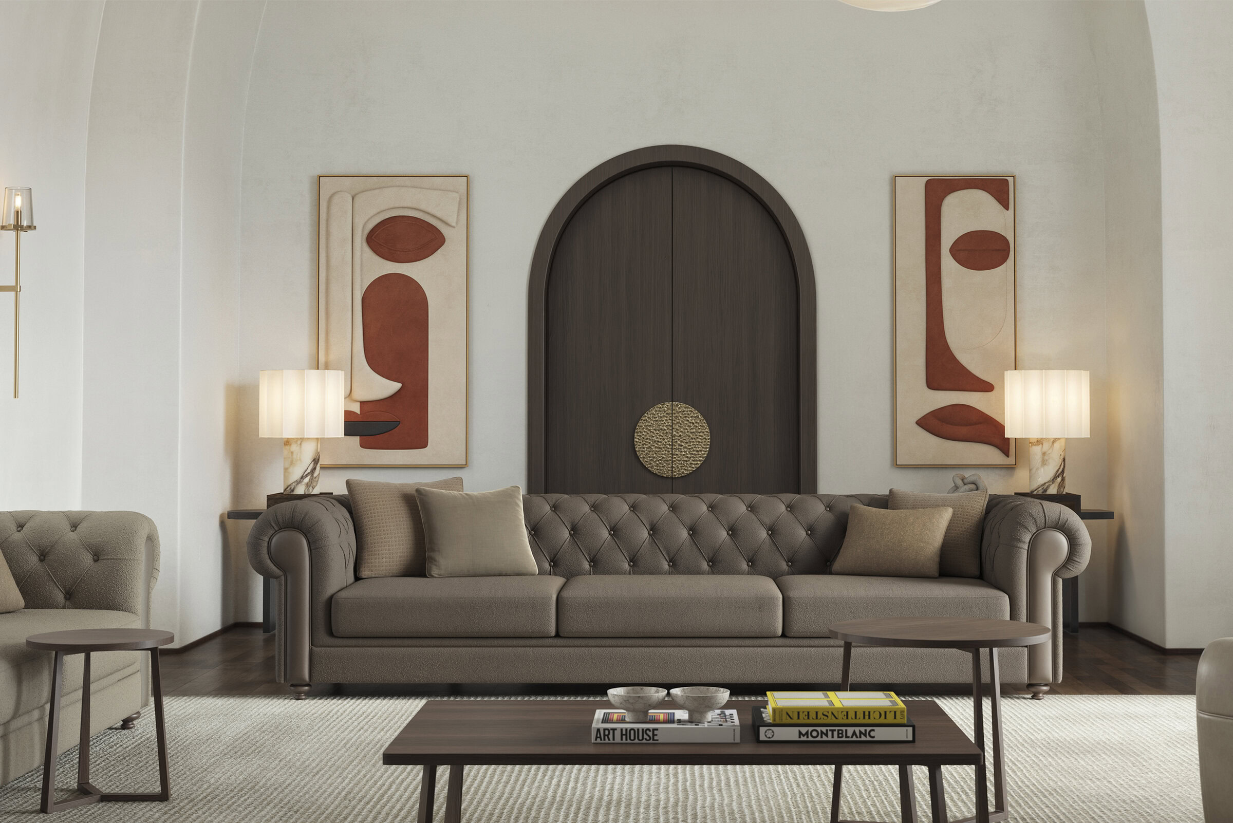 Living elegant, cu o canapea tapițată de culoare taupe, măsuțe laterale moderne și artă murală abstractă, prezentând mobilier Saloni de înaltă calitate pentru un decor elegant.