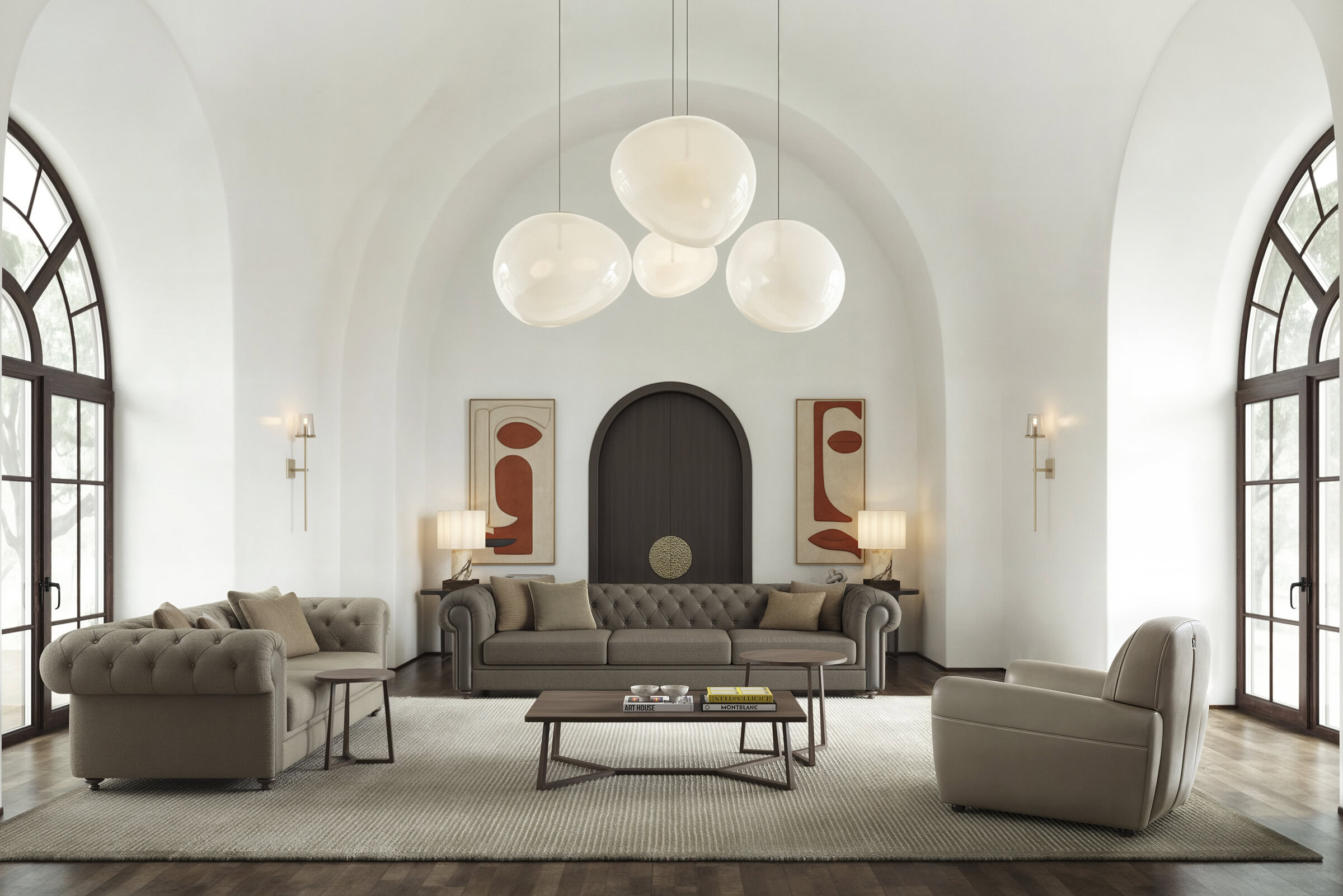 Living modern și elegant, cu canapele tapițate elegante și decor minimalist, cu ferestre arcuite mari, iluminat cald și opere de artă contemporane pentru un design interior luxos.