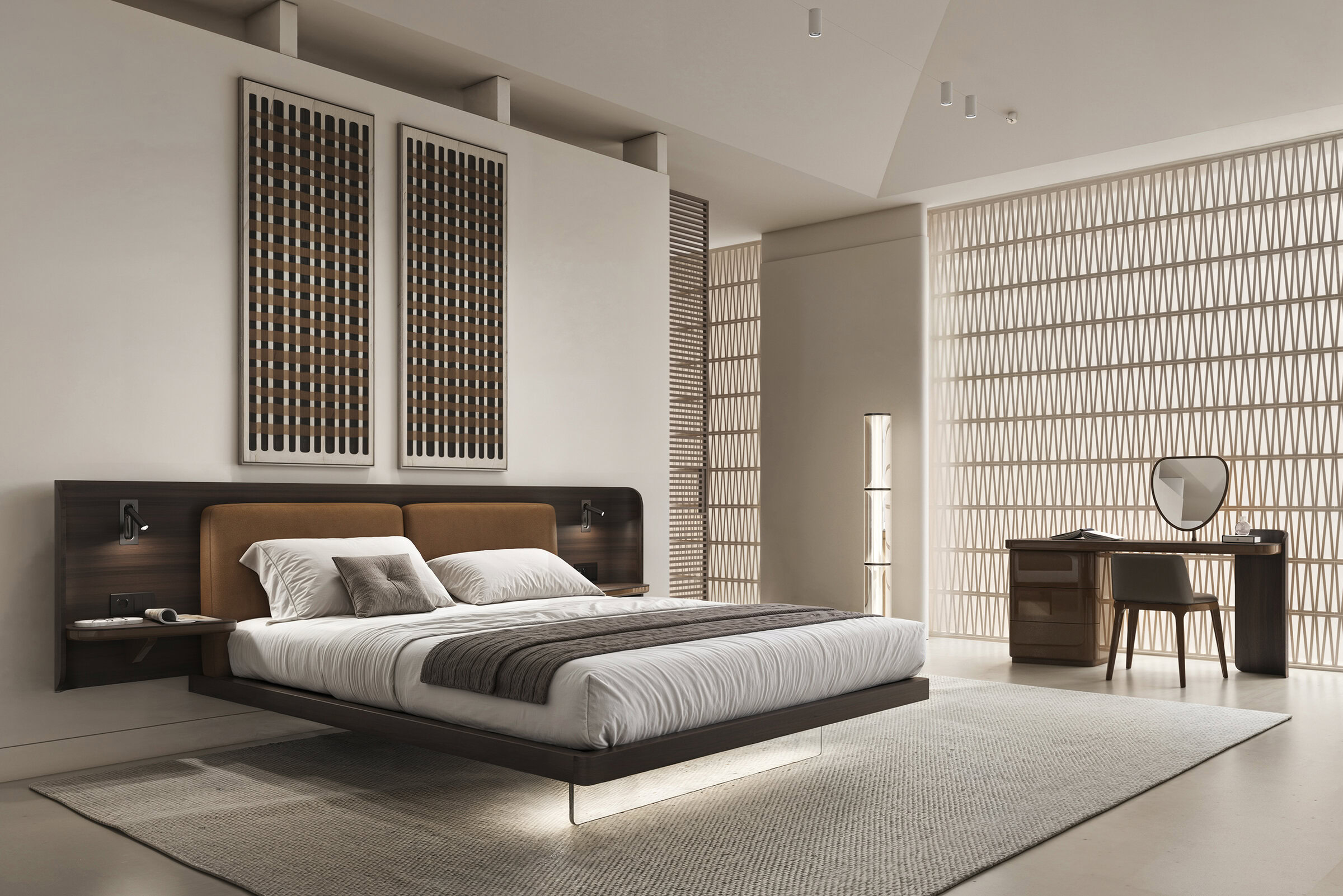 Elegant bedroom furniture featuring a sleek wooden bed frame and contemporary decor, perfect for stylish and comfortable living spaces.