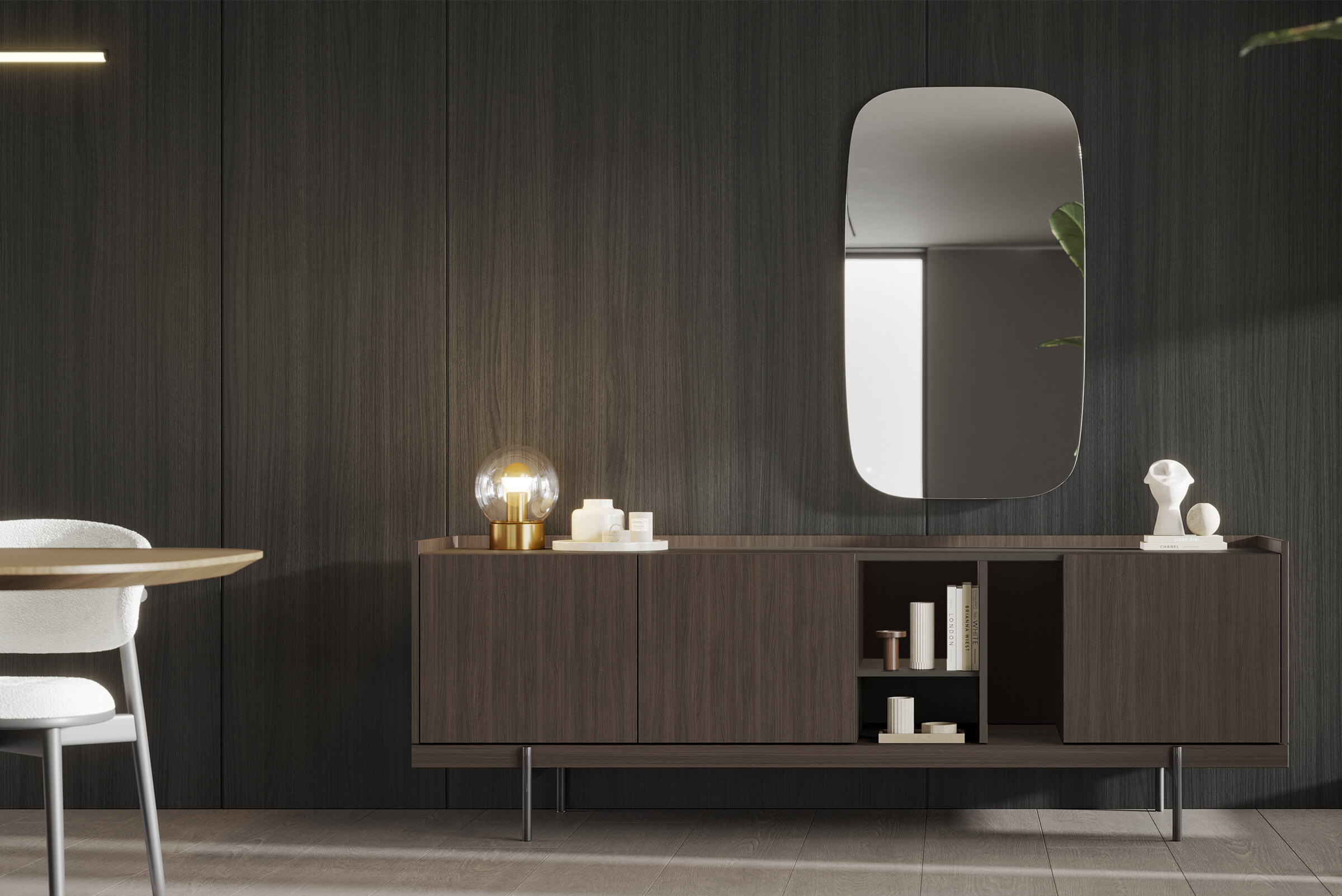 Bufet elegant din lemn închis la culoare, cu decor modern, oglindă și lampă de masă, într-un living contemporan.