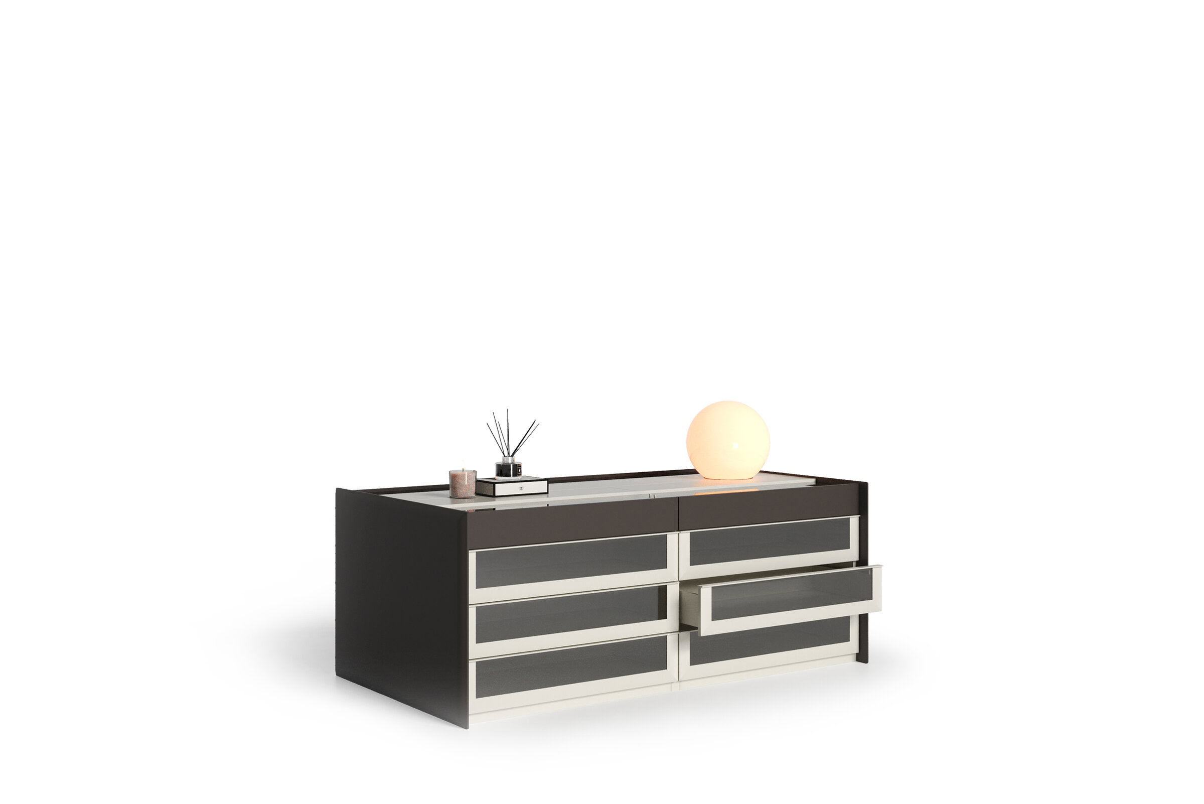 Modern black and white dresser with sleek design, featuring multiple drawers and minimalist decor, ideal for contemporary home interiors.