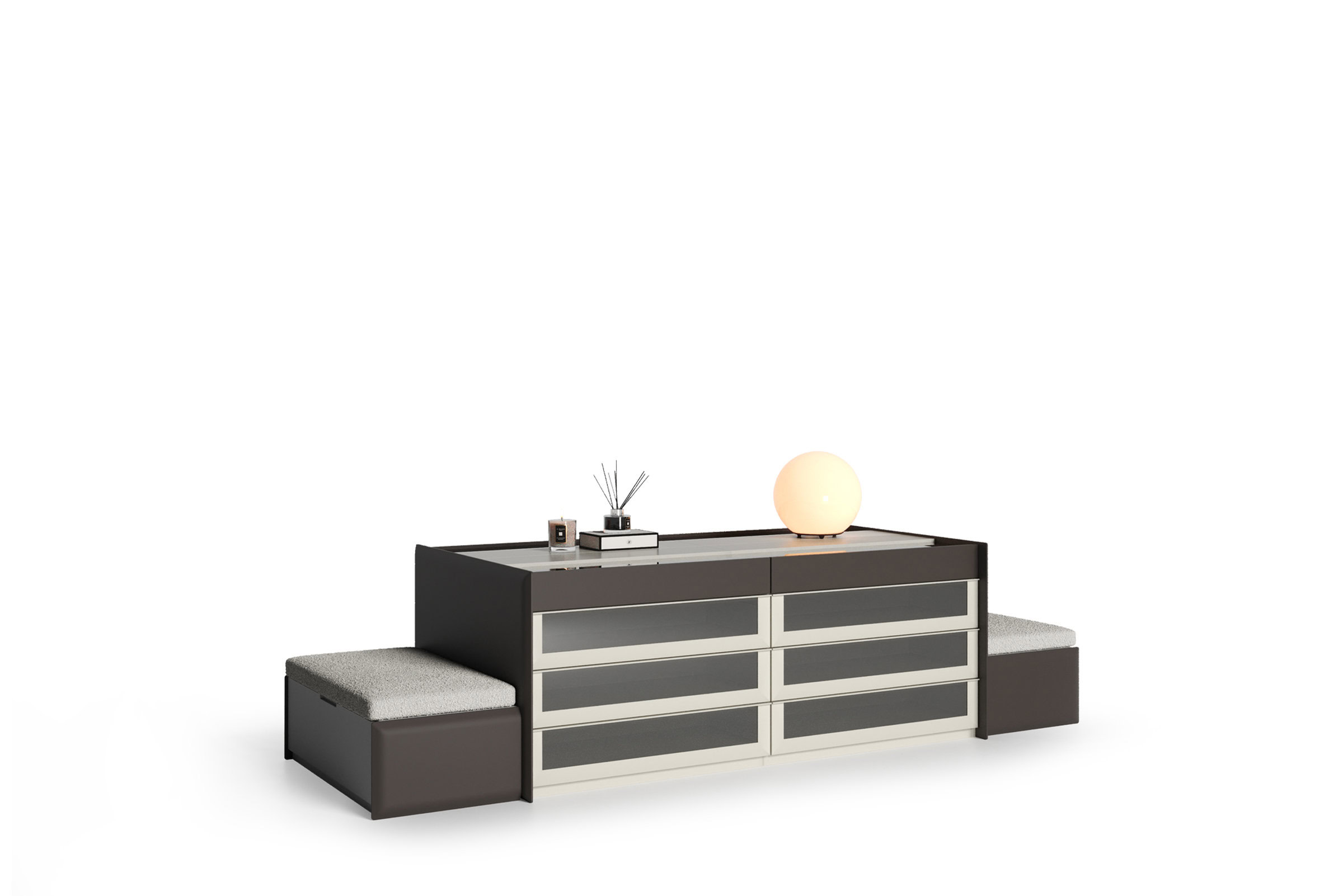 Modern contemporary furniture storage bench with cushioned seats, versatile design, ideal for living rooms or bedrooms, combining style and functionality.