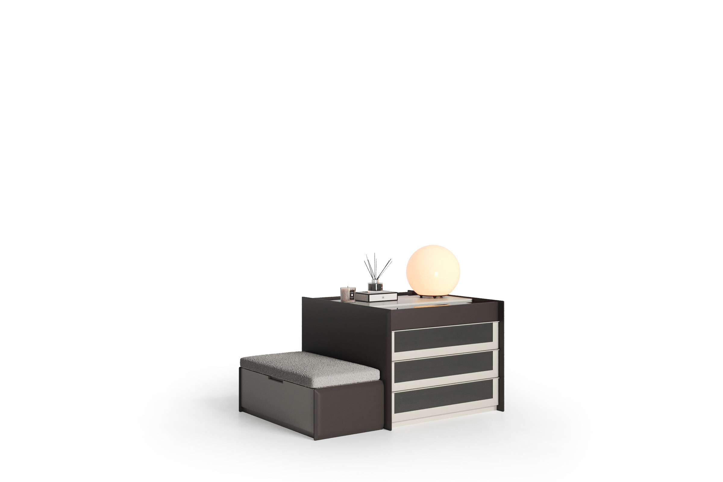 Contemporary black and white modern furniture with a storage drawer unit and a cushioned bench, perfect for stylish home or office interior decor.