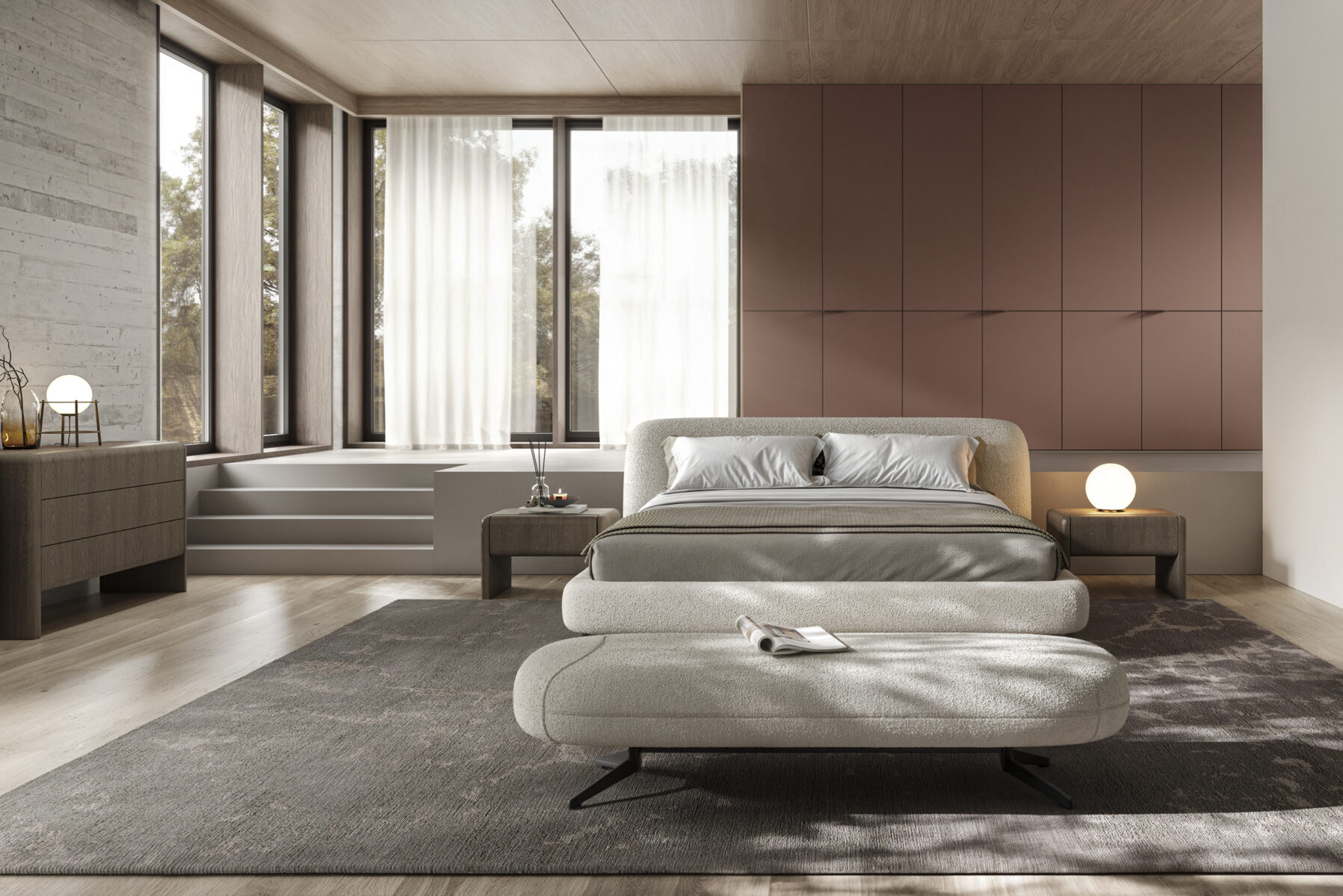 Luxury modern bedroom with neutral tones, comfortable upholstered bed, minimalist nightstands, warm lighting, large windows with curtains, contemporary decor, designed by Saloni Furniture.