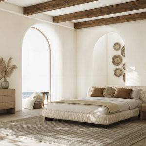 Organic linen upholstered bed with minimalistic wooden side tables and overhead woven pendant lights in a serene coastal bedroom, featuring neutral tones and natural textures for a calming ambiance.