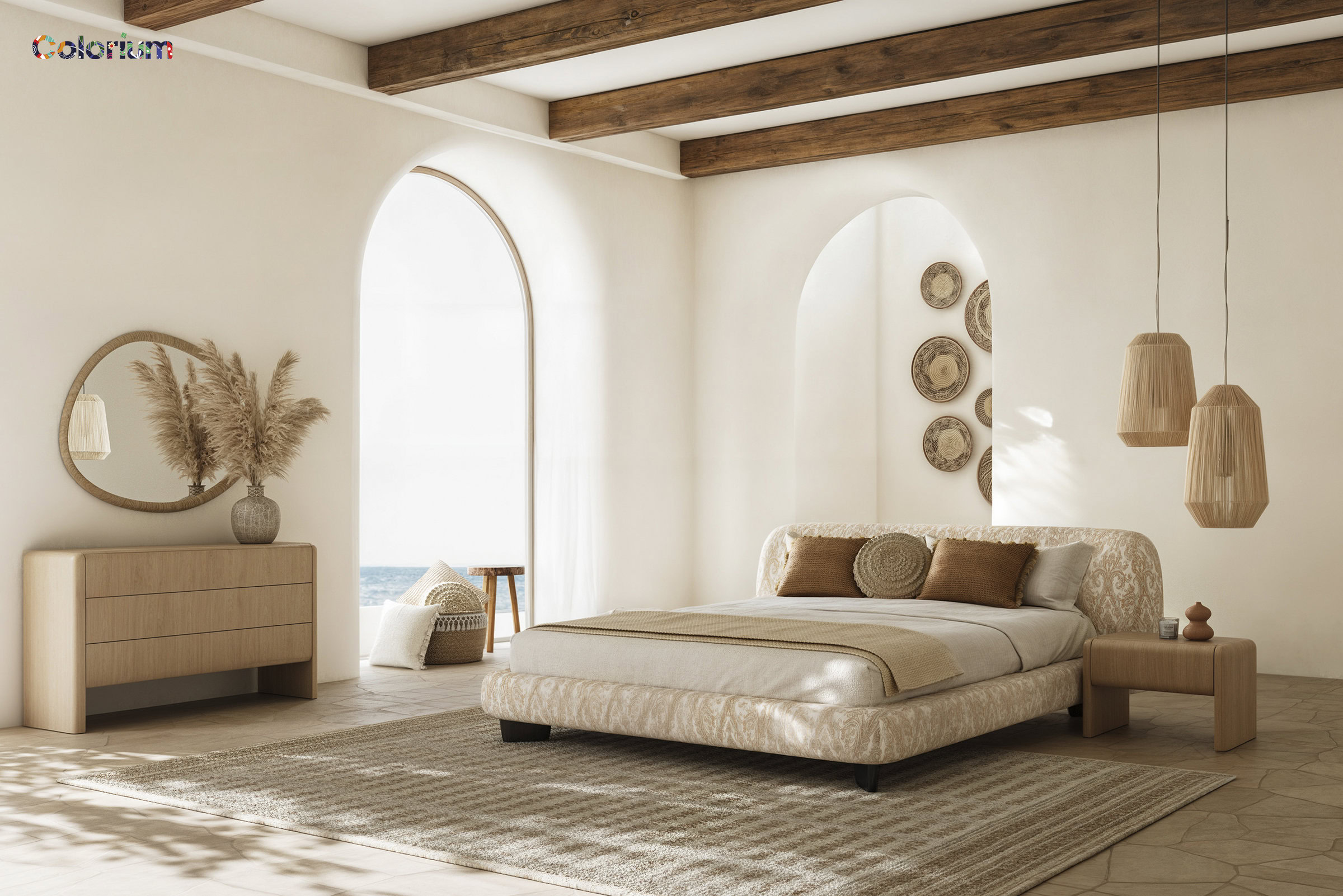 Organic linen upholstered bed with minimalistic wooden side tables and overhead woven pendant lights in a serene coastal bedroom, featuring neutral tones and natural textures for a calming ambiance.