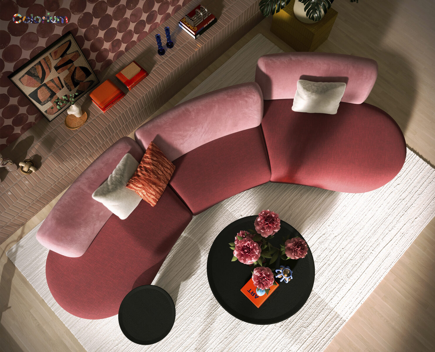 O canapea modulară elegantă, roz, cu perne pufoase, perfectă pentru camerele de zi contemporane. Prezintă un design curbat unic, cu tapițerie din material moale și perne decorative pentru un confort sporit.