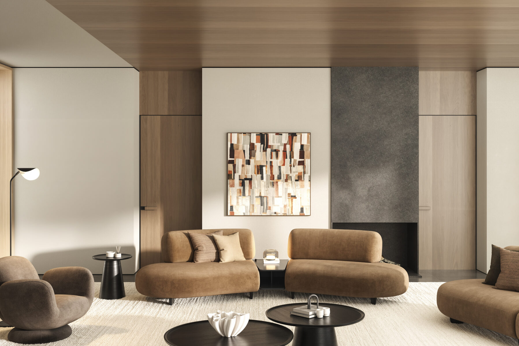 Mobilier contemporan pentru living, cu canapele bej din catifea, măsuțe de cafea moderne și decor minimalist cu lemn și tonuri neutre de la Saloni Furniture.