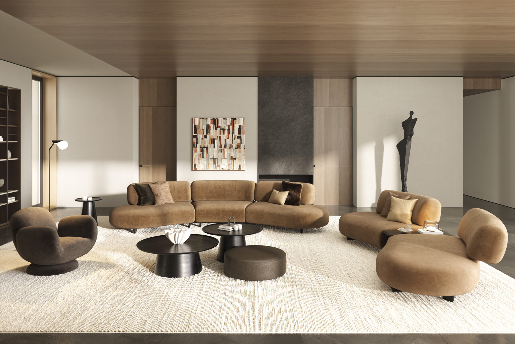 Living contemporan cu canapele modulare moderne, scaune confortabile, măsuțe de cafea negre și decor elegant, prezentând mobilier de înaltă calitate de la Saloni Furniture într-un cadru cald și elegant.