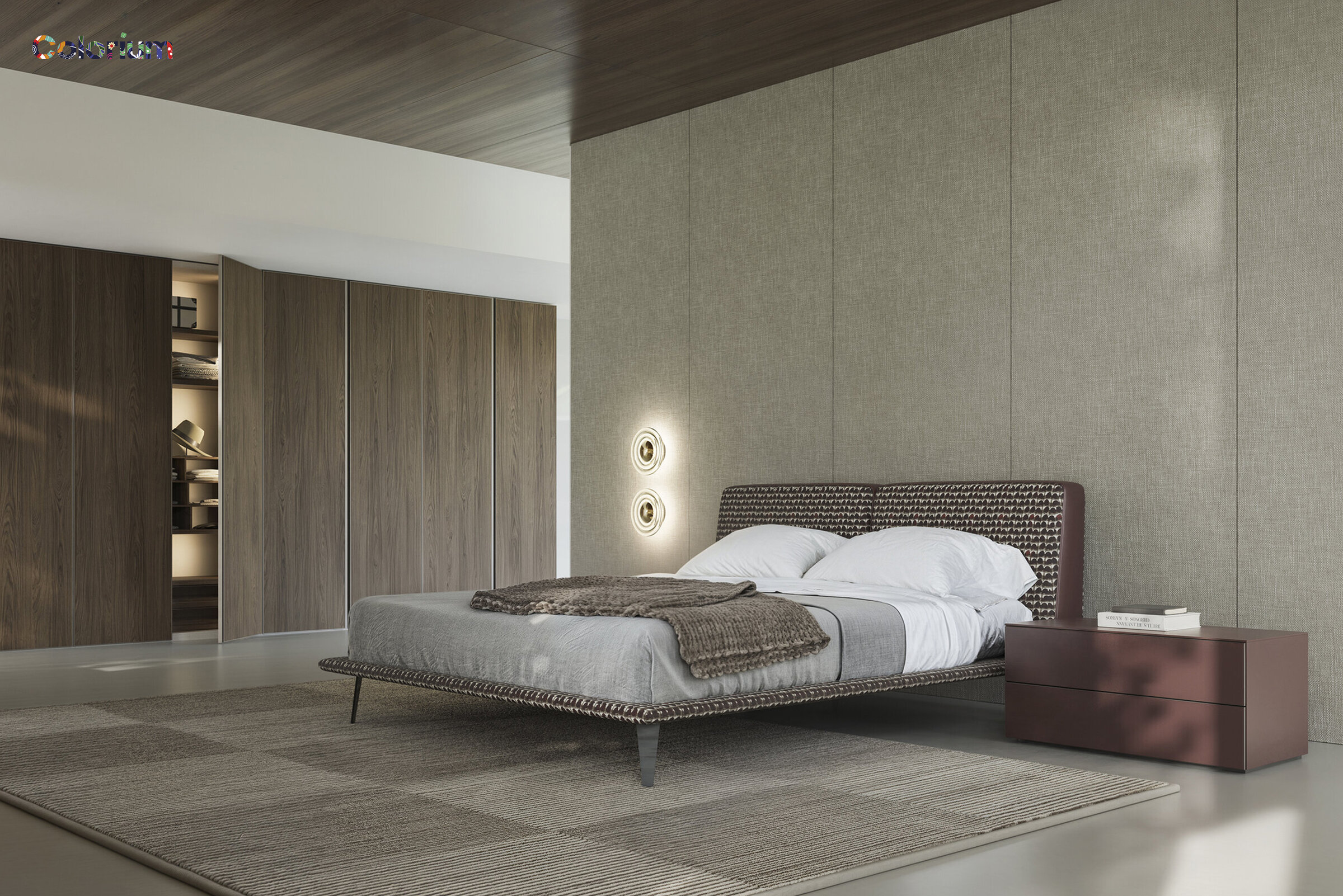Luxurious modern bedroom with a stylish upholstered bed, sleek bedside table, and minimalist decor showcasing contemporary furniture design.