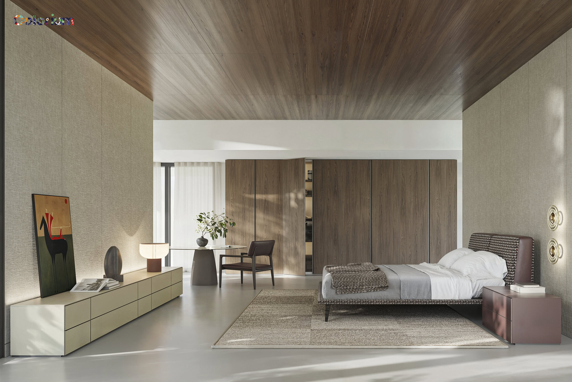 Elegant modern bedroom with wooden accent wall, stylish bed, and contemporary furniture showcasing Saloni Furniture craftsmanship and design.