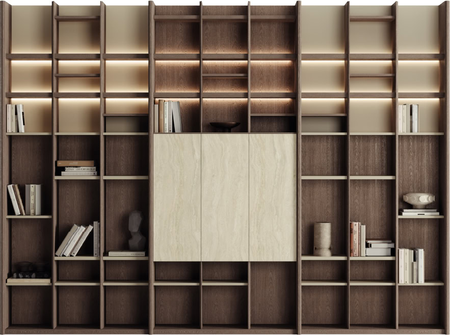 Elegant wooden bookshelf with integrated lighting, offering ample space for books and decorative items.