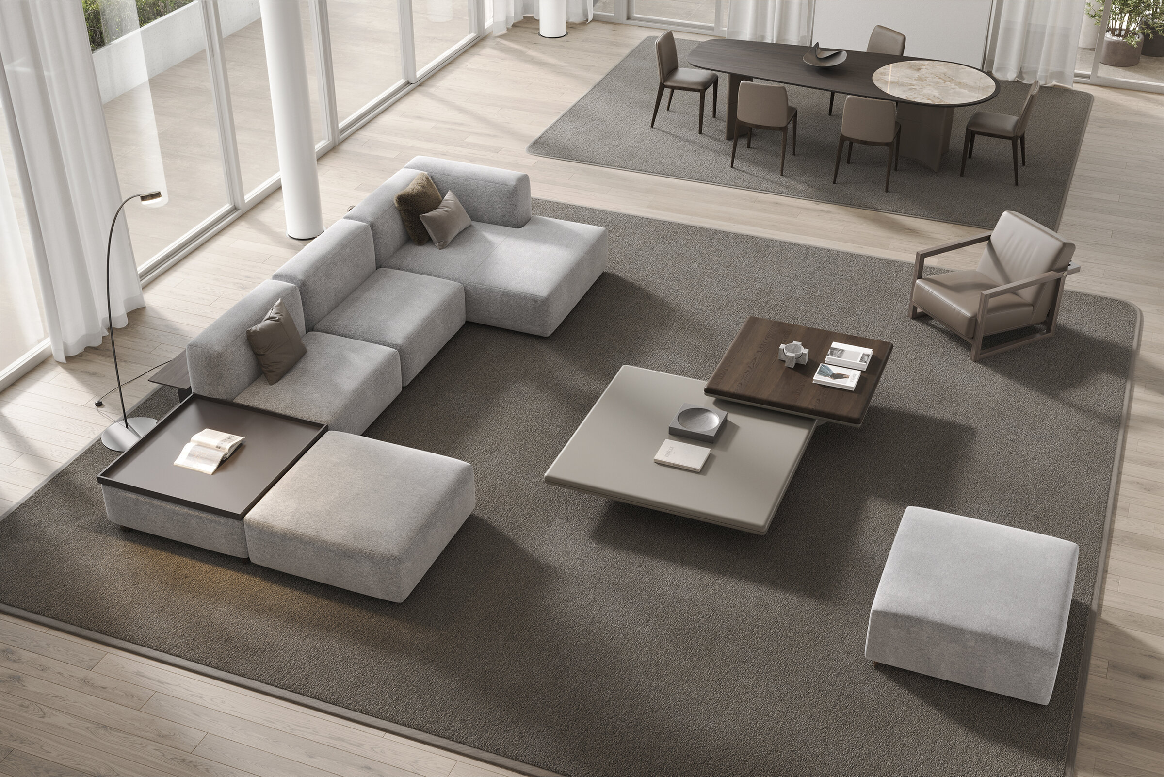 Living modern și elegant, cu o canapea spațioasă în formă de L, măsuțe de cafea contemporane și un fotoliu confortabil, perfect pentru interioare elegante și confortabile.