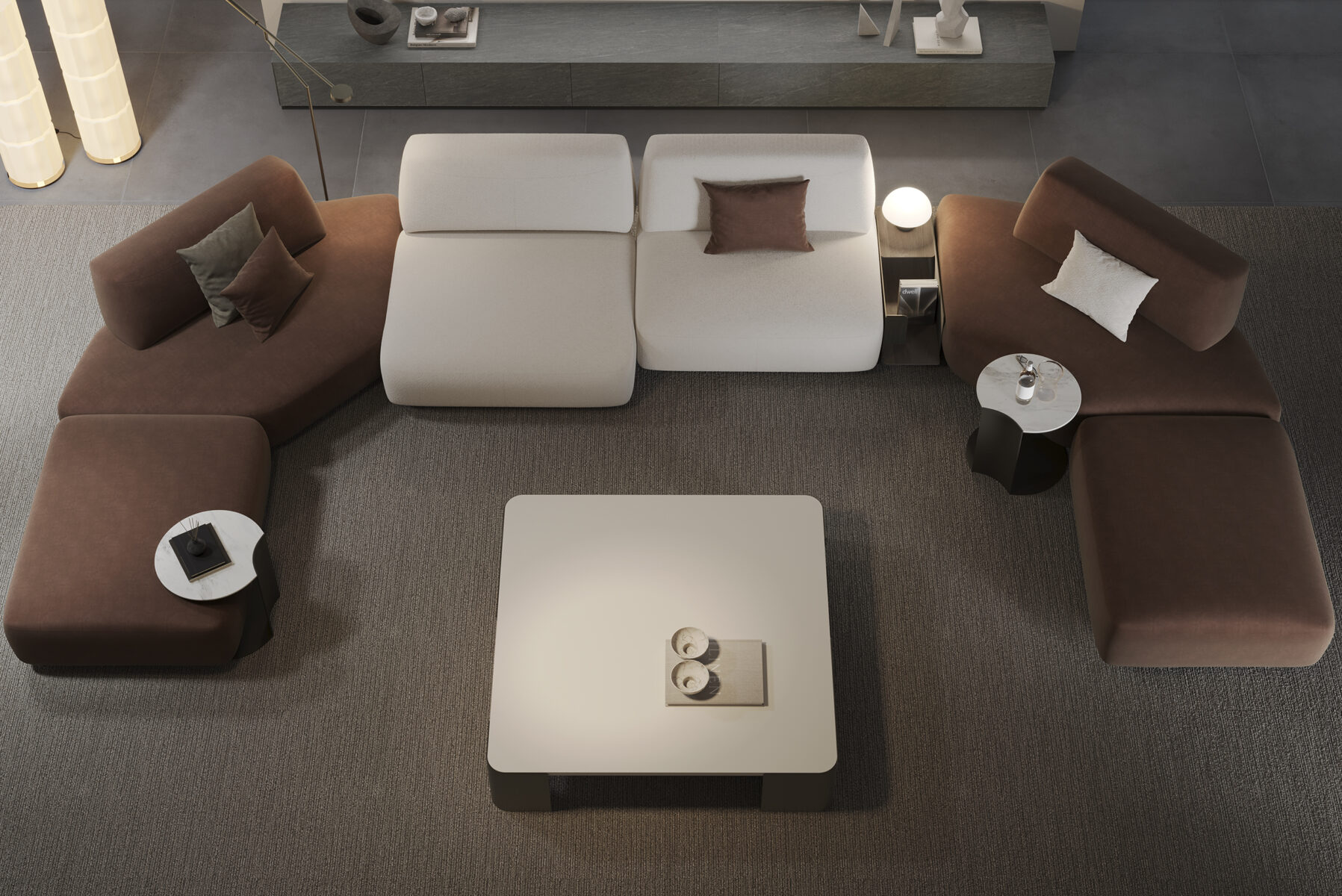 Canapea modulară modernă și elegantă, în tonuri neutre, cu perne decorative asortate, perfectă pentru camerele de zi contemporane. Fabricată din materiale de înaltă calitate pentru confort și stil.