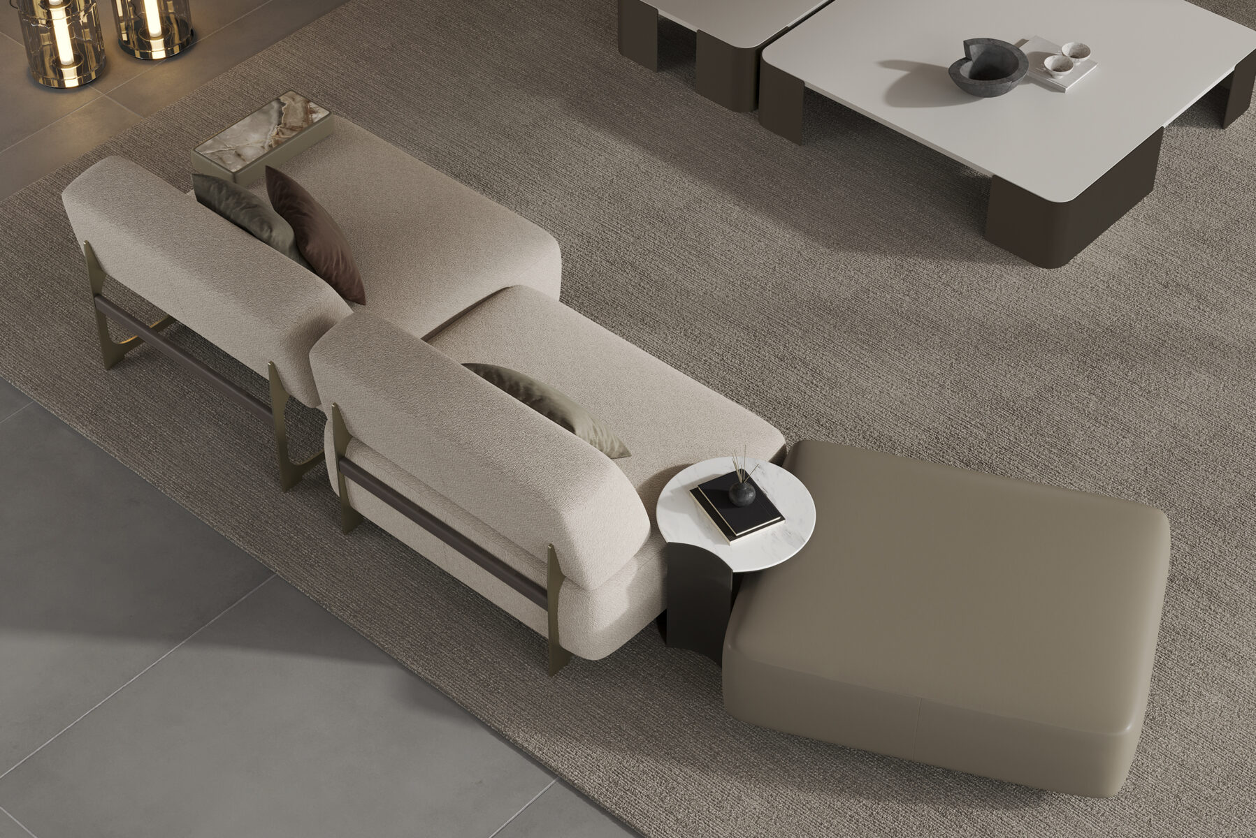 Canapea modulară bej luxoasă, cu design modern, perne pufoase și accente elegante, ideală pentru livinguri contemporane și interioare elegante.