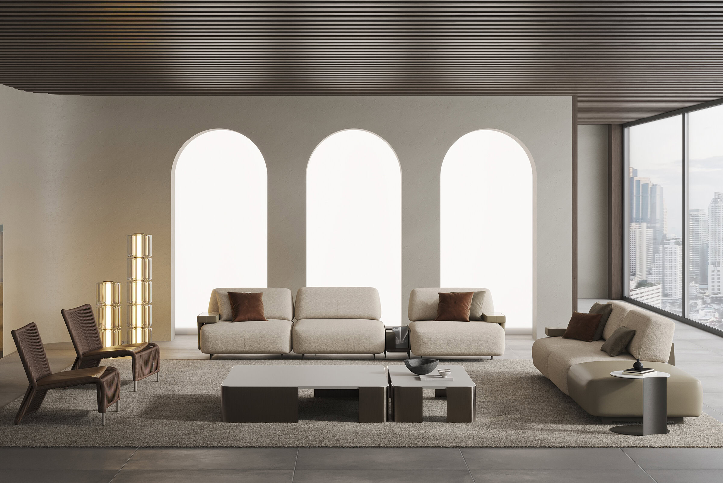Sleek modern living room with beige sofas, brown accent pillows, contemporary coffee tables, and stylish chairs in a high-rise apartment with large windows overlooking city skyline.