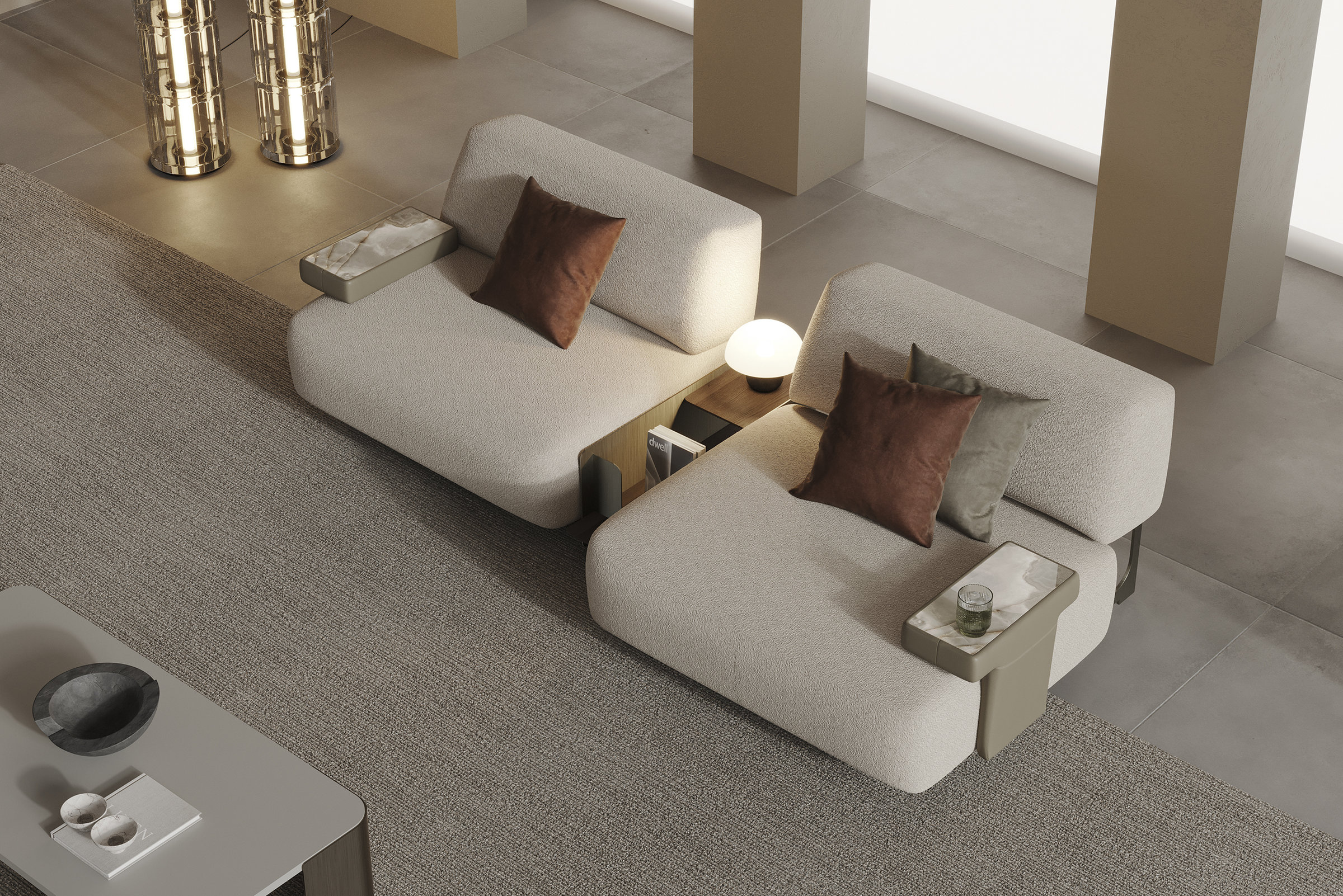 Canapea lounge modernă bej, cu măsuțe laterale încorporate și perne decorative, mobilier elegant pentru living, design interior contemporan.