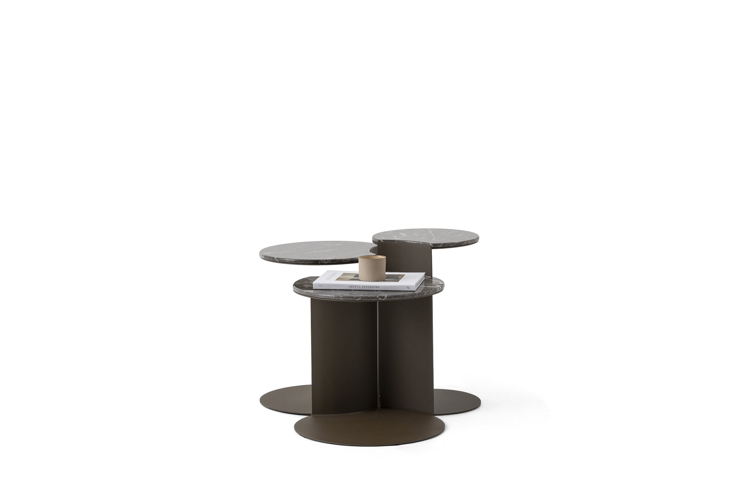 Contemporary multi-level coffee table with circular surfaces and a sleek design, ideal for modern living rooms and stylish interiors.