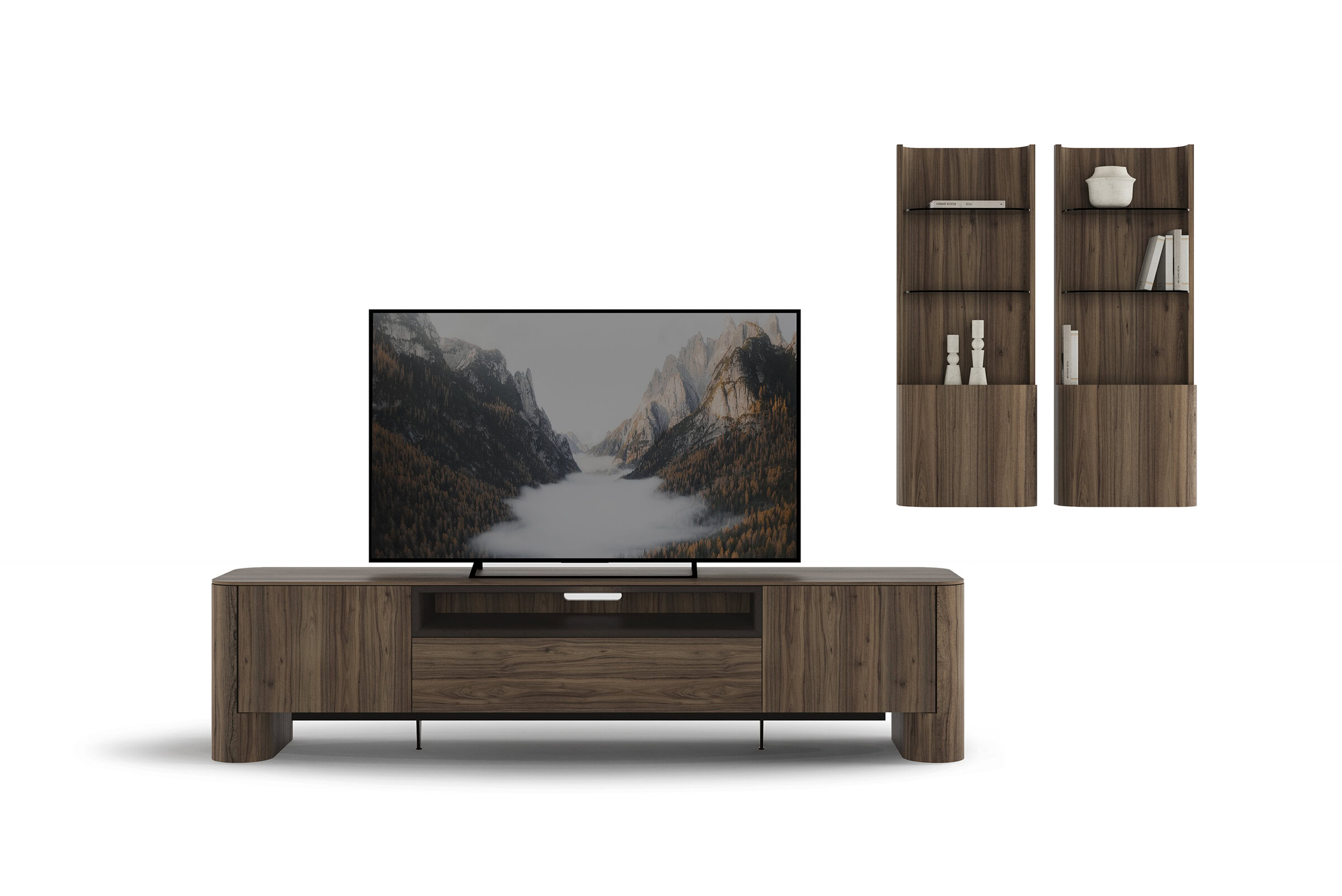 Elegant walnut TV stand with matching wall shelves, ideal for contemporary living rooms, offering stylish storage and display options.