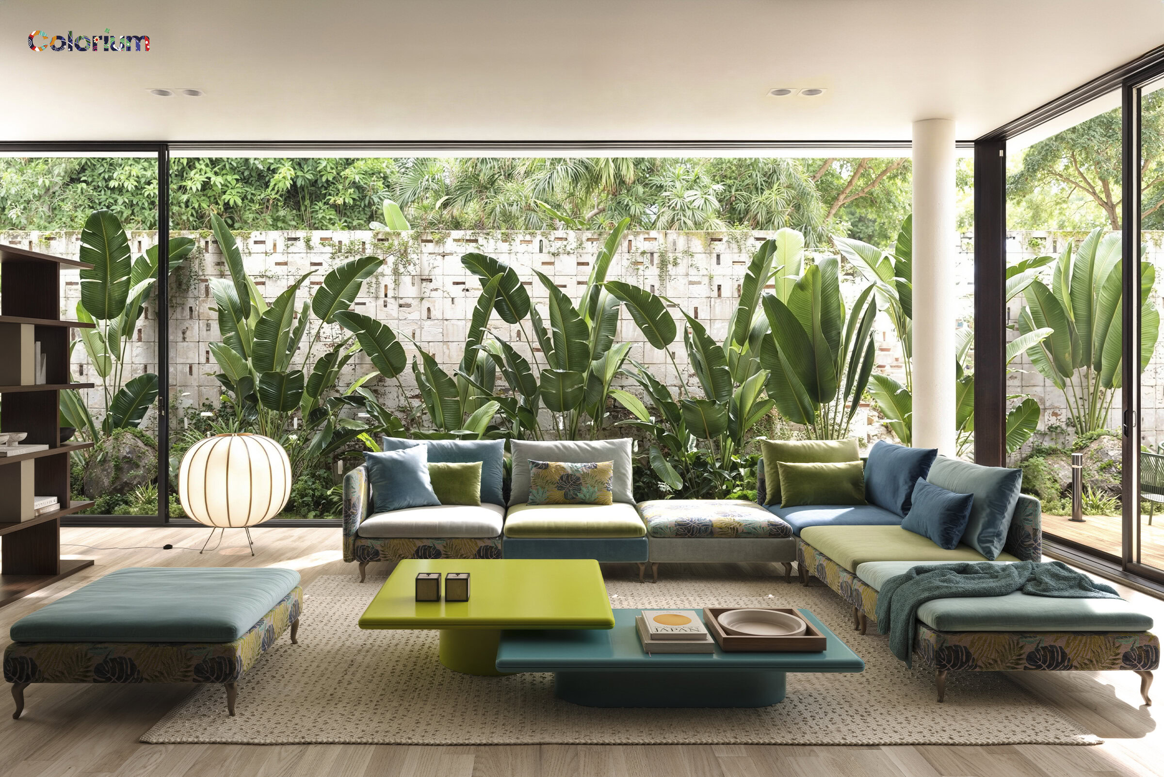 Spacious living room featuring large glass windows that offer a stunning view of lush tropical plants and garden outside, creating a bright and airy atmosphere.