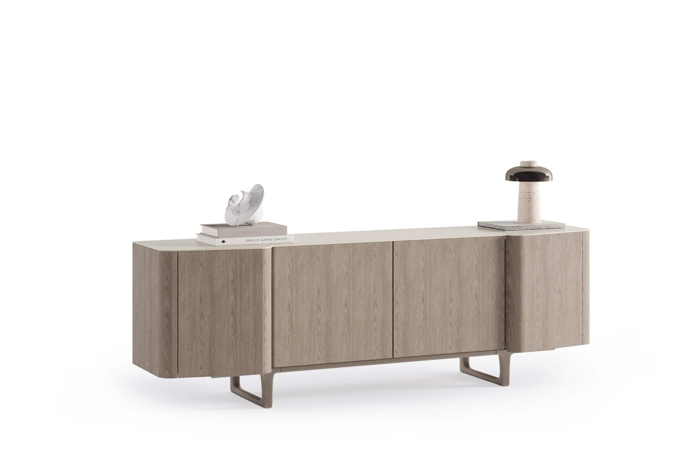 Bufet modern minimalist din lemn, cu dulapuri elegante de depozitare, perfect pentru livinguri contemporane și decor estetic pentru casă.