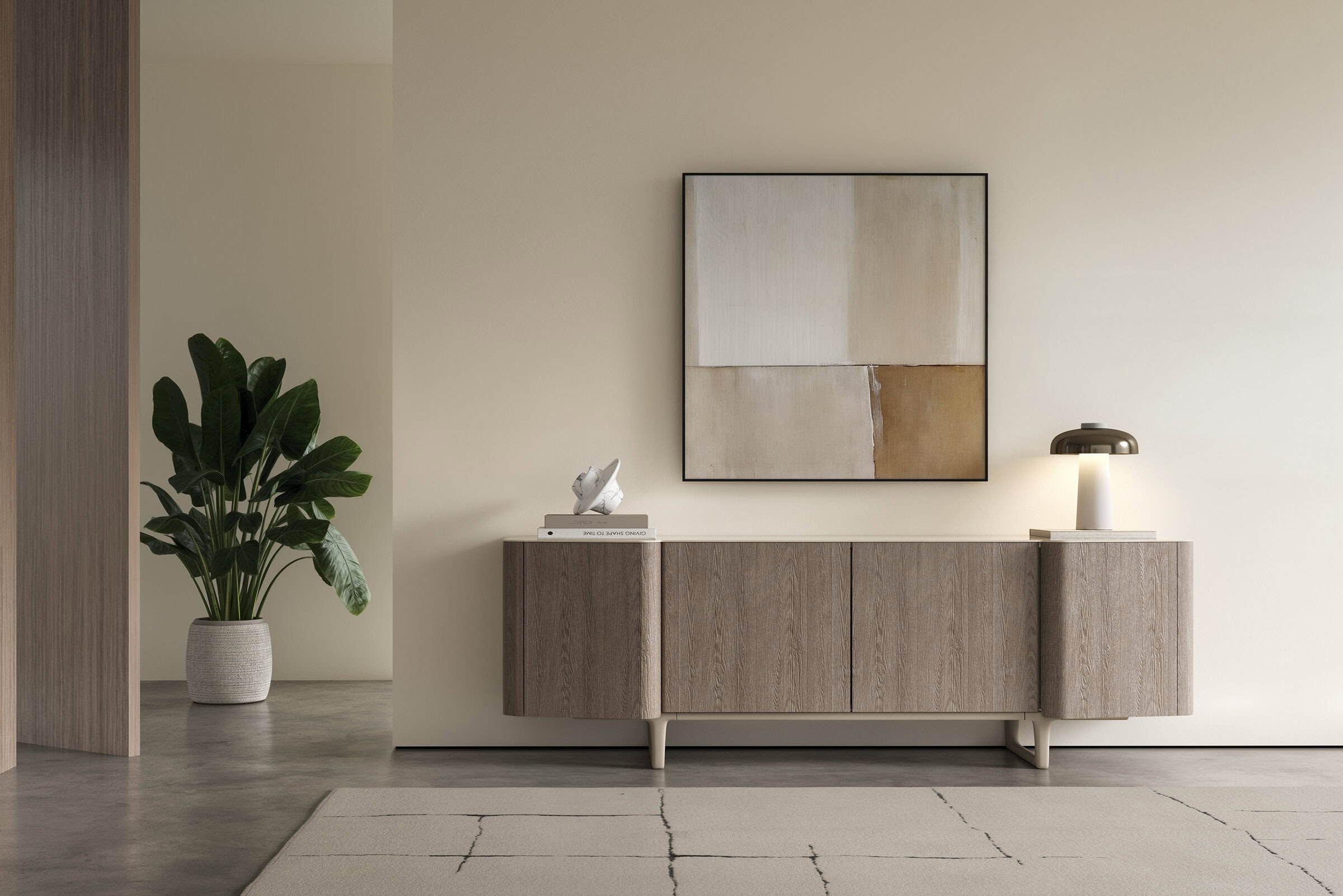 Sleek modern wooden sideboard with minimalist design, perfect for contemporary living spaces. Features clean lines and ample storage, complemented by stylish decor and ambient lighting.