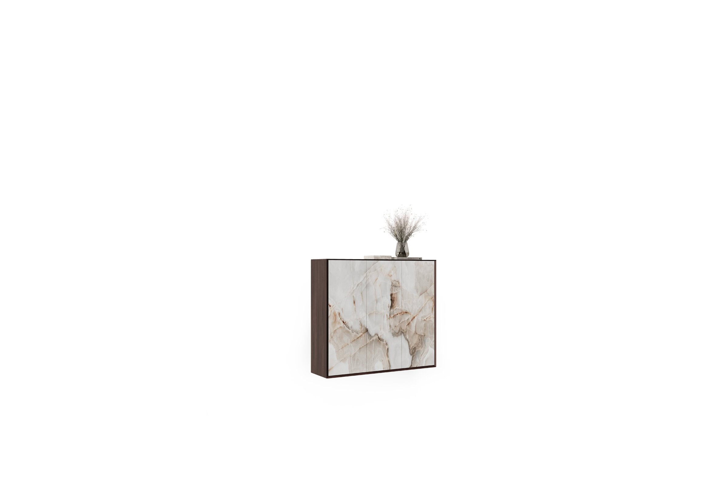 Dulap elegant cu finisaj de marmură și cadru din lemn, perfect pentru decor modern pentru casă și soluții de depozitare.