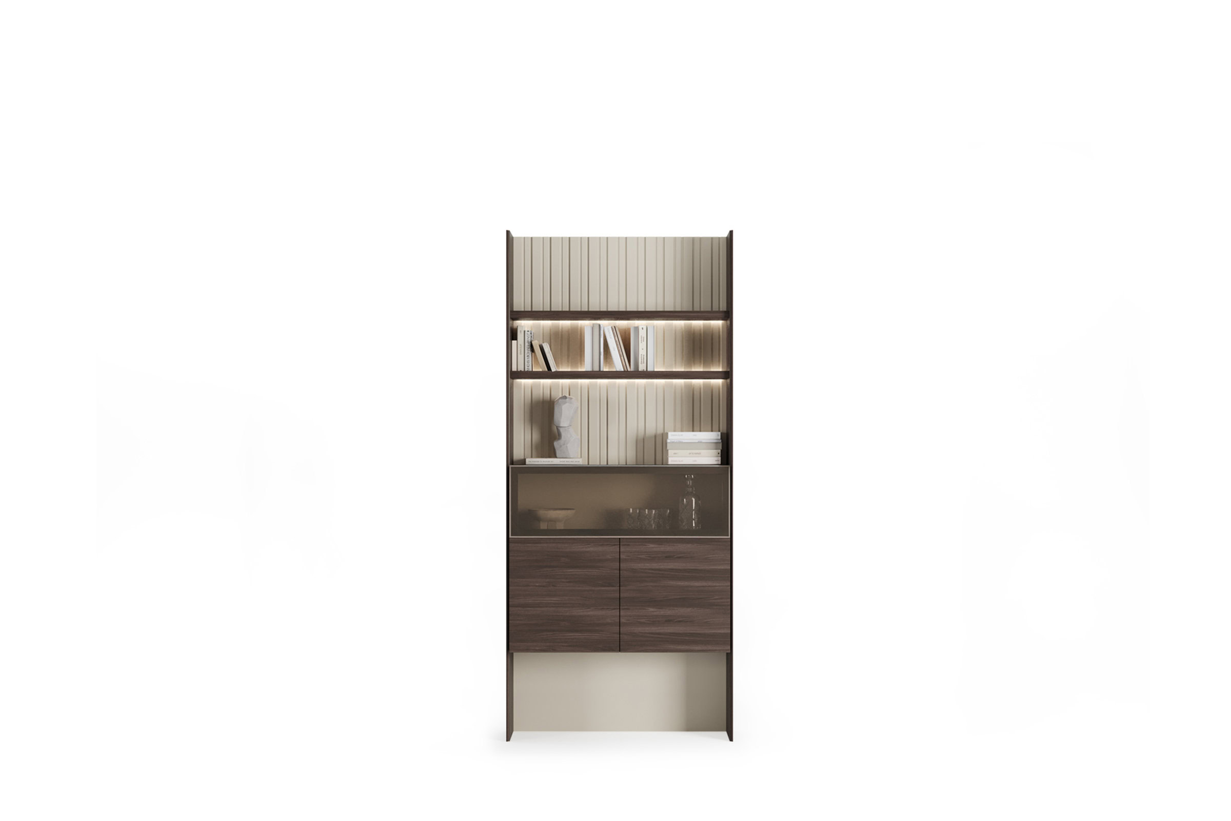 Dulap de sufragerie modern și elegant, din lemn închis la culoare și bej, cu uși de sticlă și iluminare ambientală, perfect pentru depozitare și expunere elegantă în casele contemporane.