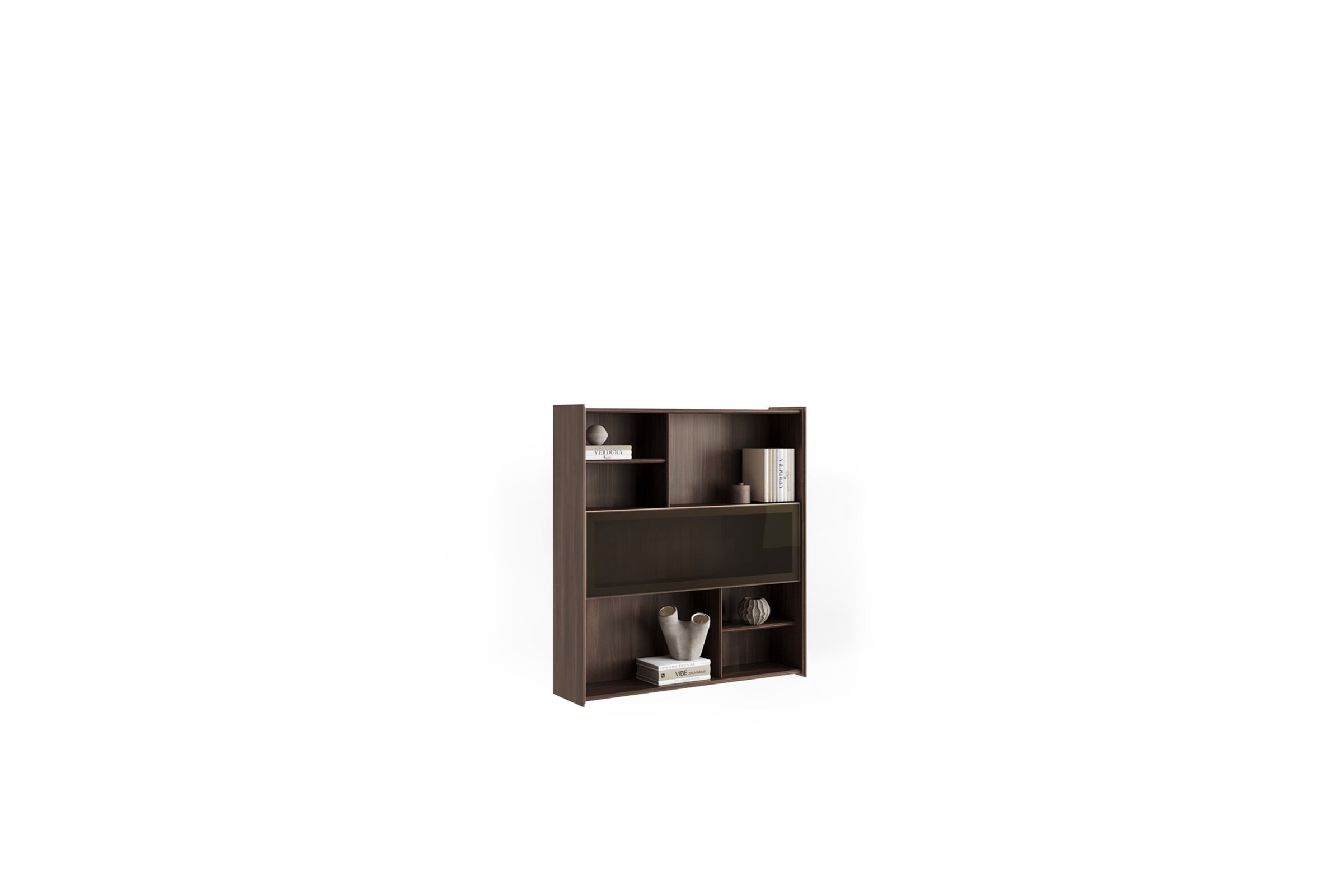 Bibliotecă modernă și spațioasă din lemn, cu compartimente multiple, pentru depozitare și decor elegant pentru casă sau birou.