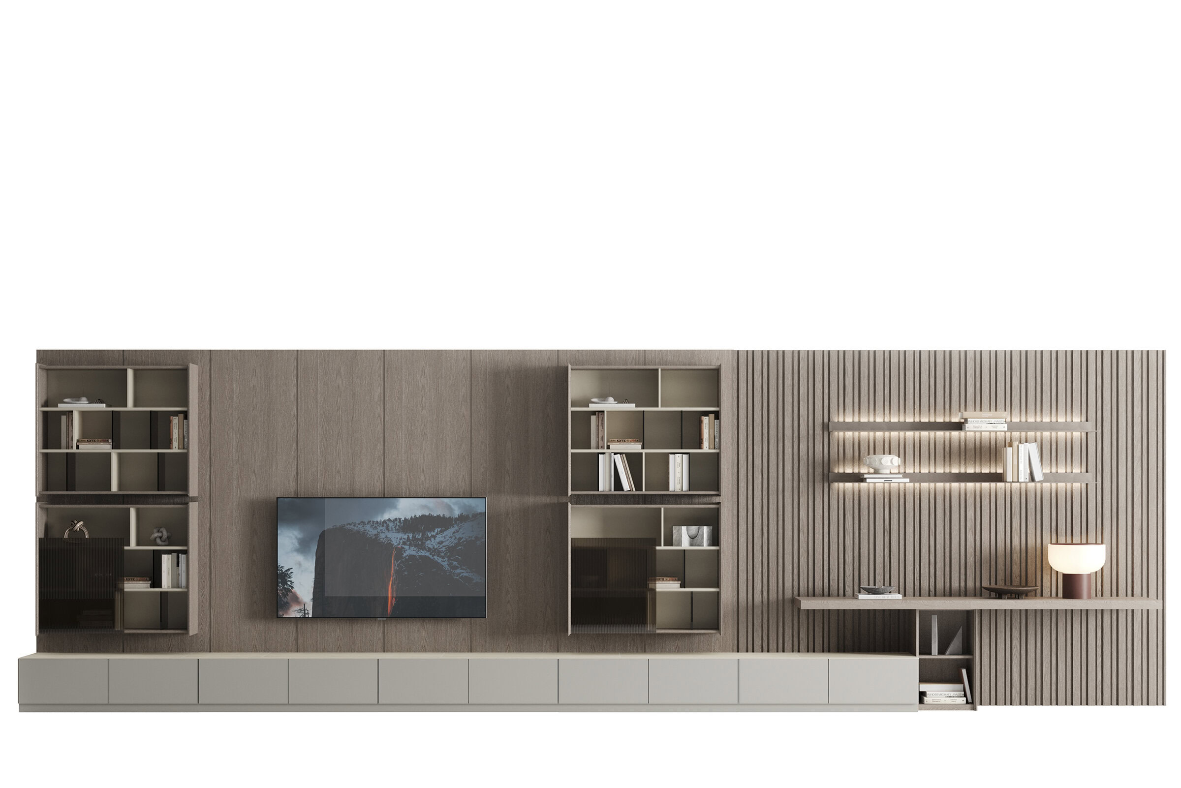 Corp de mobilier suspendat modern și minimalist, cu finisaj din lemn, rafturi deschise și iluminat integrat, conceput pentru soluții elegante de divertisment și depozitare pentru acasă.