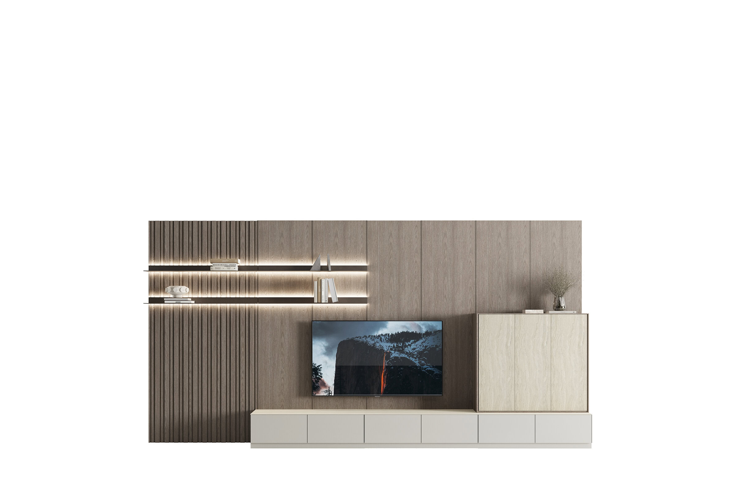 Unitate suspendată contemporană din lemn pentru divertisment, cu rafturi integrate, iluminare LED și un design elegant, perfectă pentru camerele de zi moderne.