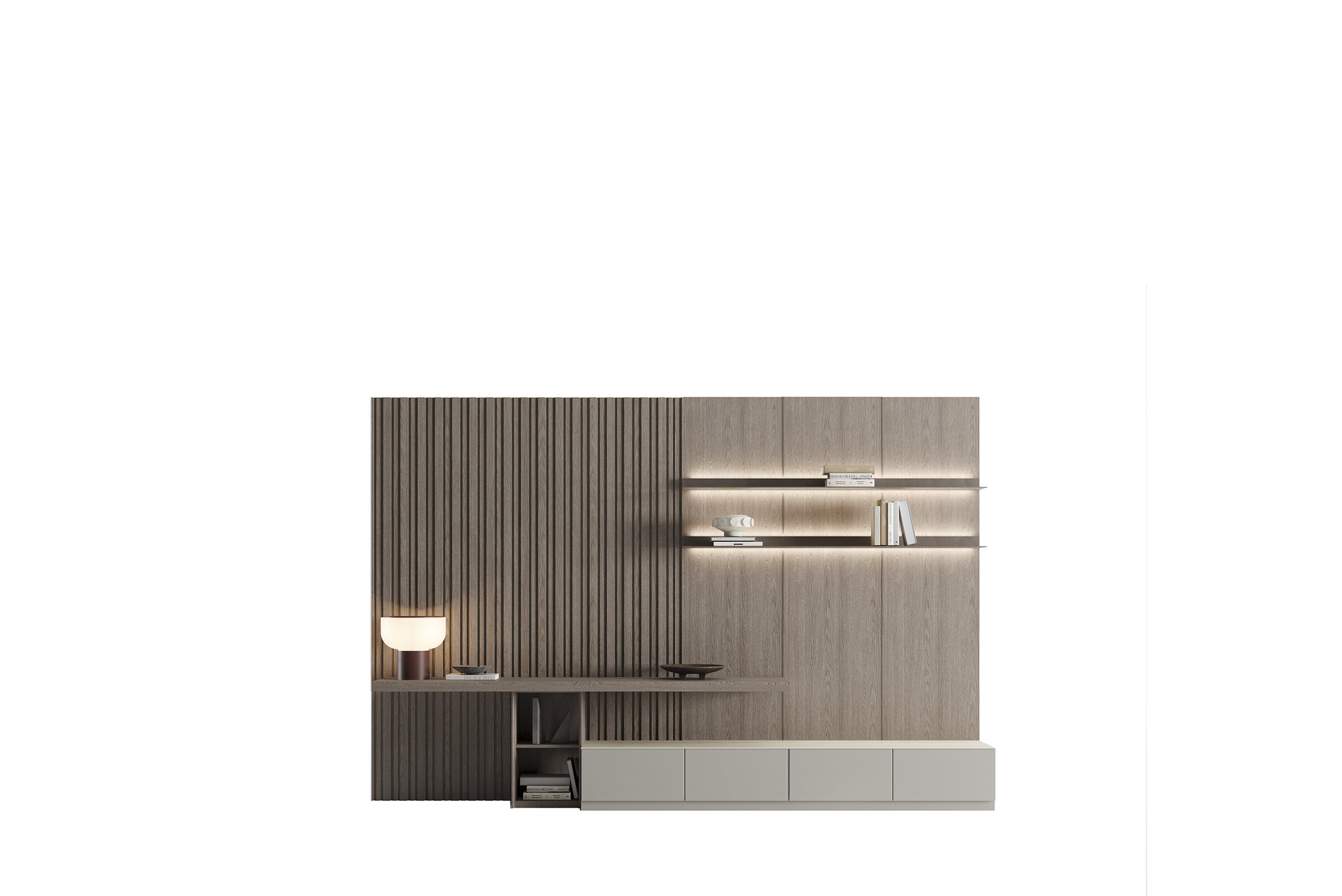 Corp de mobilier modern și elegant din lemn, cu rafturi iluminate, dulapuri de depozitare și accesorii decorative, ideal pentru designul interior contemporan al unui living sau birou.