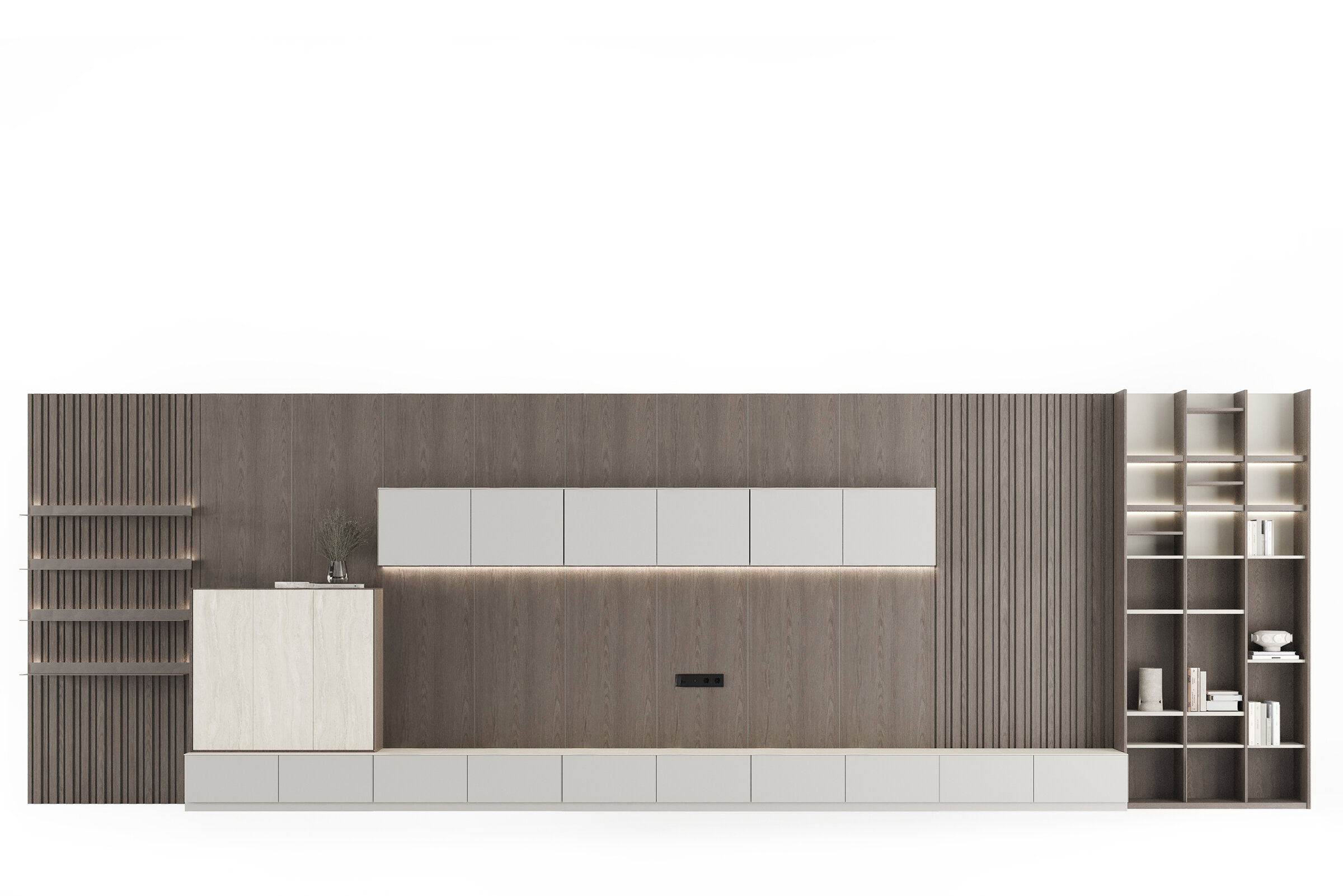 Corp de mobilier modern din lemn, cu rafturi, dulapuri și iluminat integrate, conceput pentru soluții elegante de depozitare și decor în living. Perfect pentru spațiile interioare contemporane.