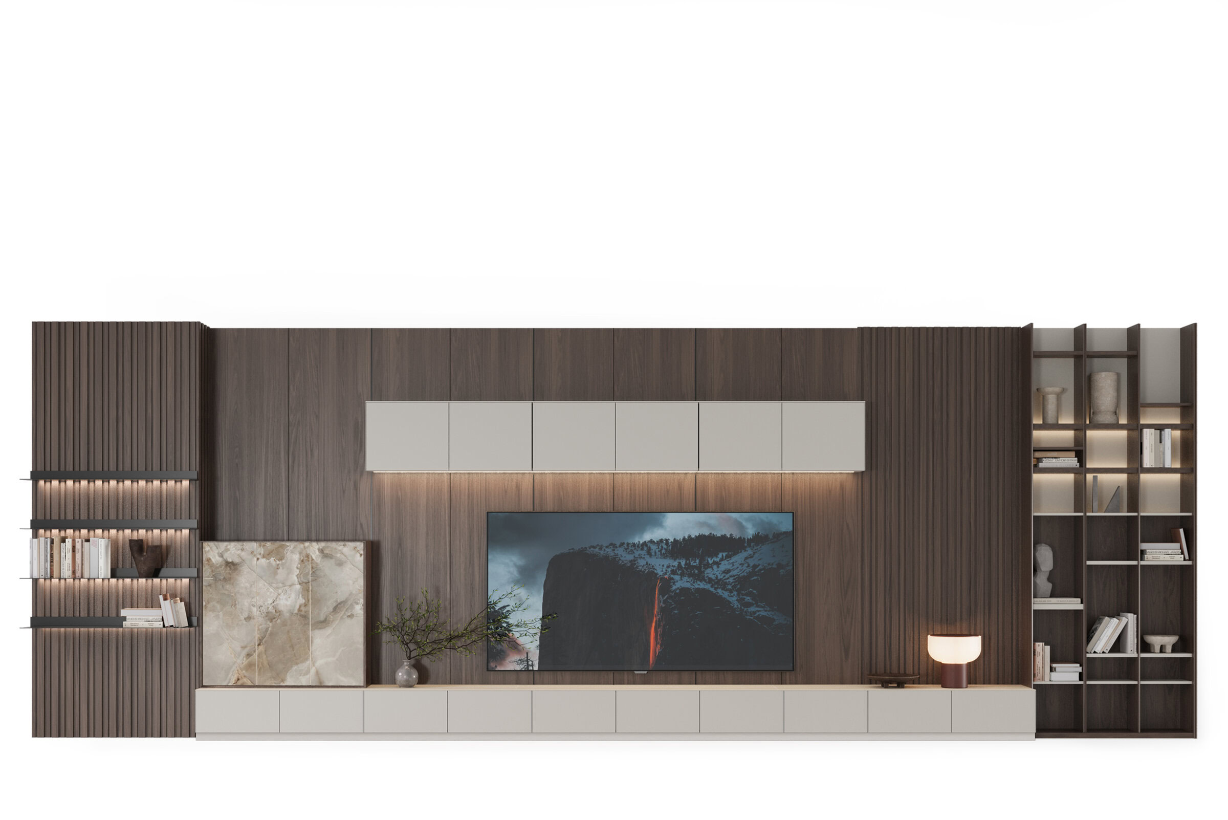 Unitate suspendată modernă și elegantă pentru divertisment, cu rafturi încorporate, finisaje bogate din lemn și iluminat integrat pentru un decor elegant pentru casă și o configurație TV.