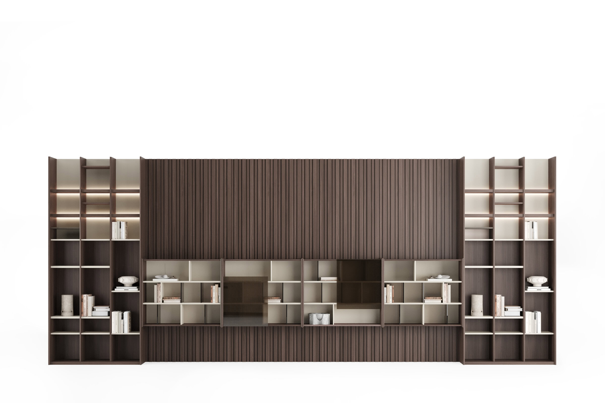 Bibliotecă și unitate de depozitare elegantă și modernă din lemn, cu rafturi deschise și compartimente, ideală pentru organizarea contemporană a casei sau biroului, punând accent pe designul elegant și funcțional al mobilierului.