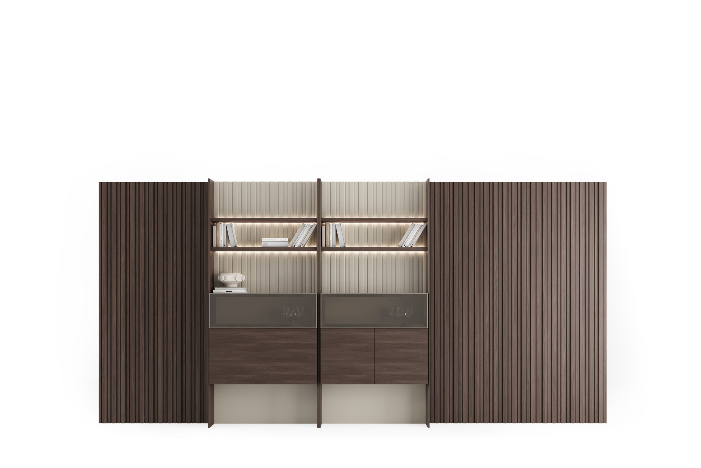 Corp de mobilier modern și elegant din lemn, cu rafturi deschise, dulapuri cu front din sticlă și iluminare din spate, perfect pentru soluții contemporane de depozitare în living sau birou.