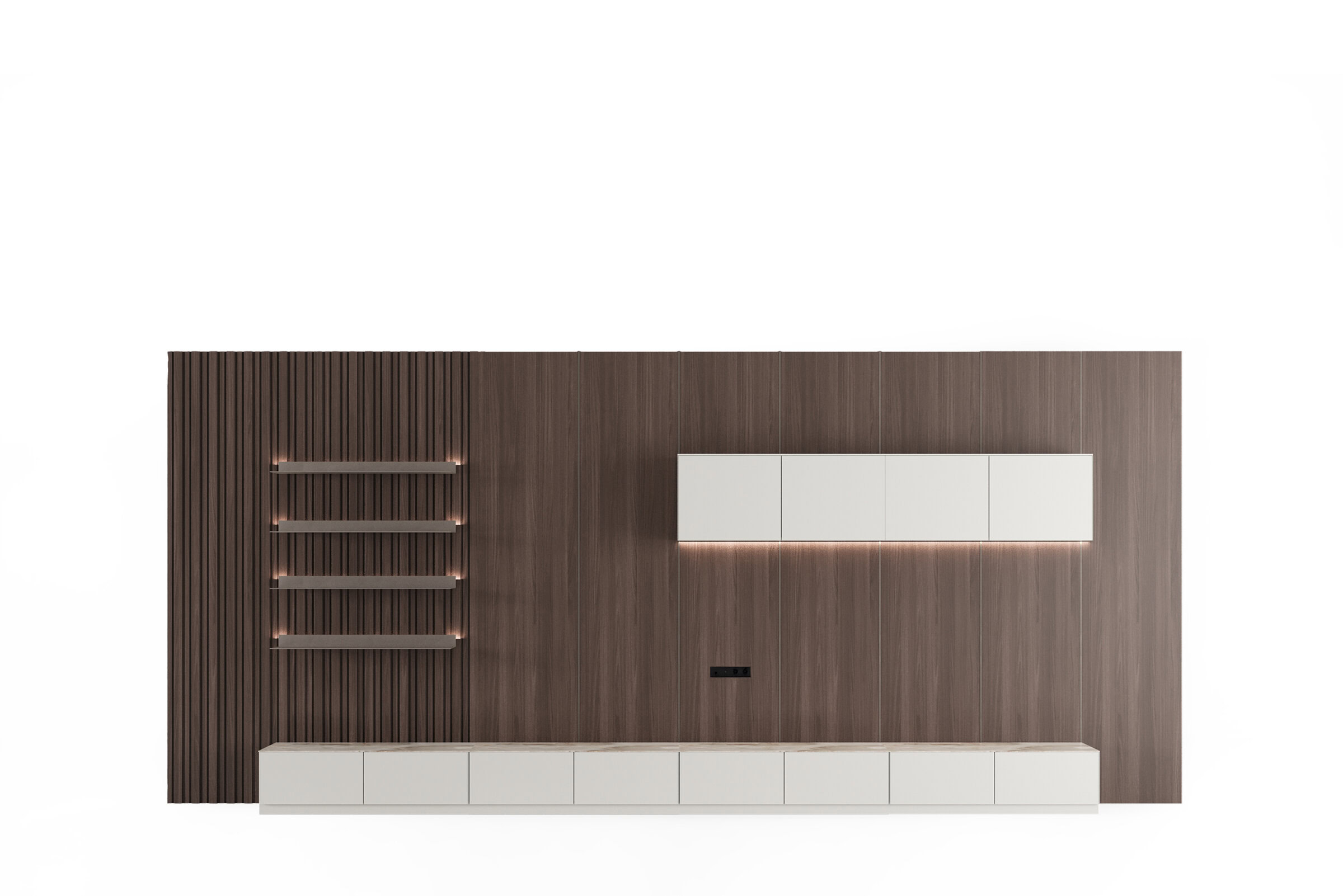 Corp de mobilier modern și elegant din lemn, cu dulapuri albe și iluminat integrat, perfect pentru depozitare și decor elegant în living.