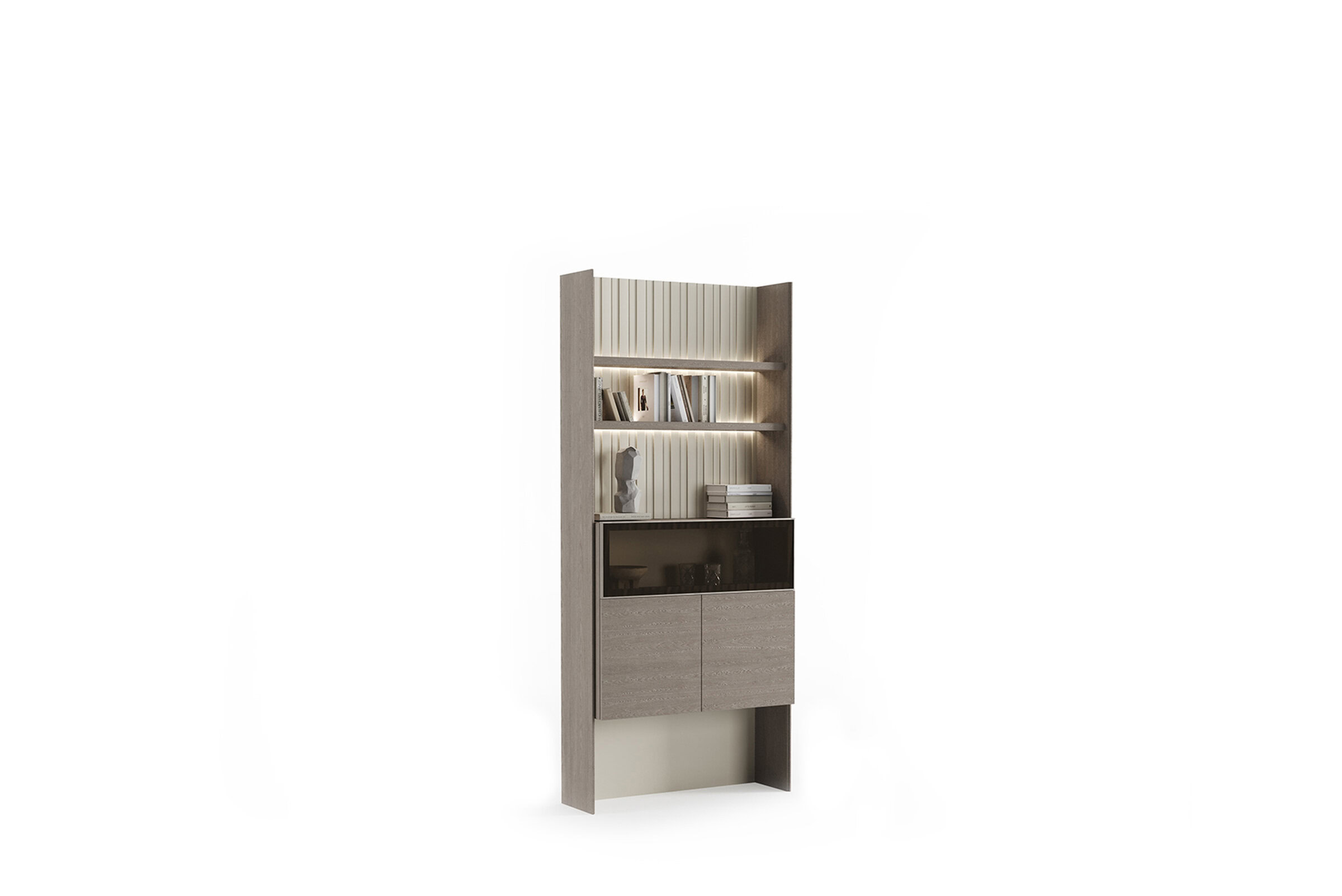 Bibliotecă modernă din lemn cu rafturi multiple, dulap cu față de sticlă și design contemporan pentru soluții elegante de depozitare pentru casă sau birou.