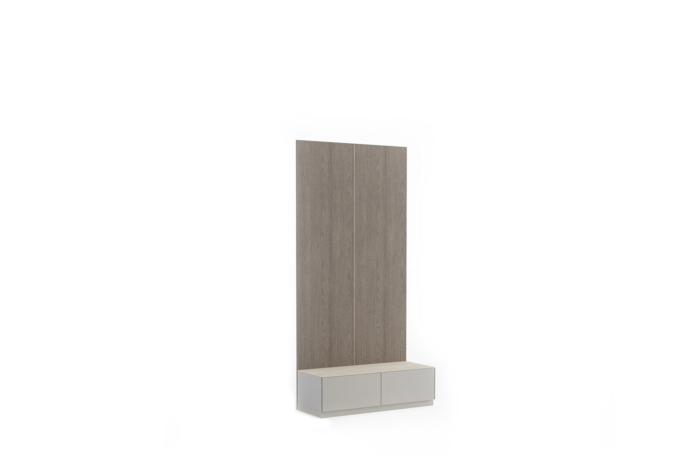Dulap minimalist modern, cu finisaj din lemn deschis și dulap de bază alb, ideal pentru soluții contemporane de depozitare în dormitor.