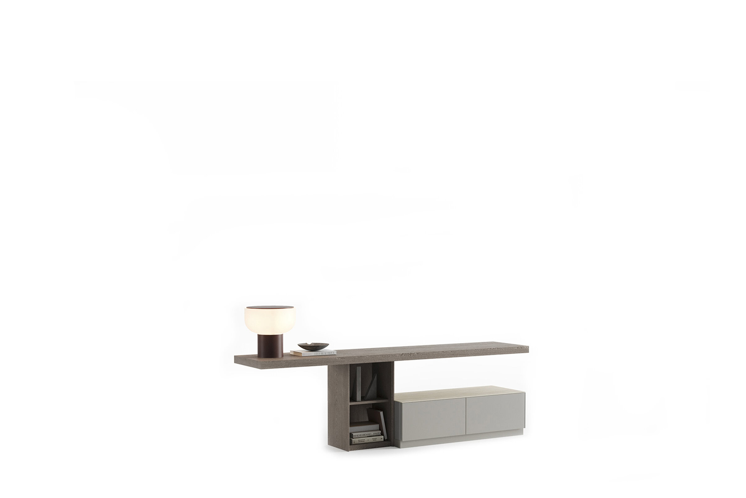 Masă consolă modernă și elegantă, cu compartimente de depozitare și design minimalist, ideală pentru decorul și mobilierul contemporan al casei.
